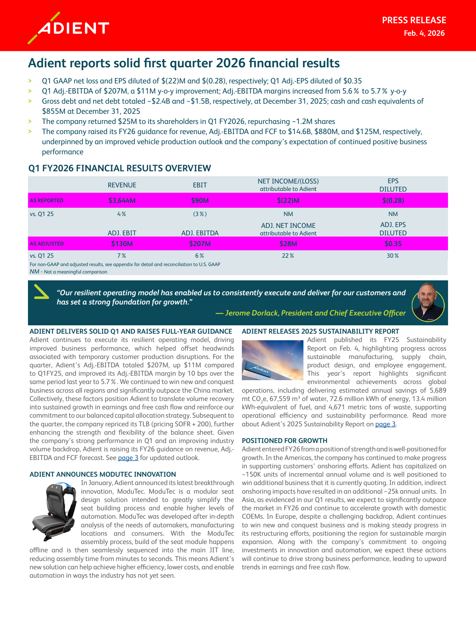 Adient's Q1 2026 Press Release