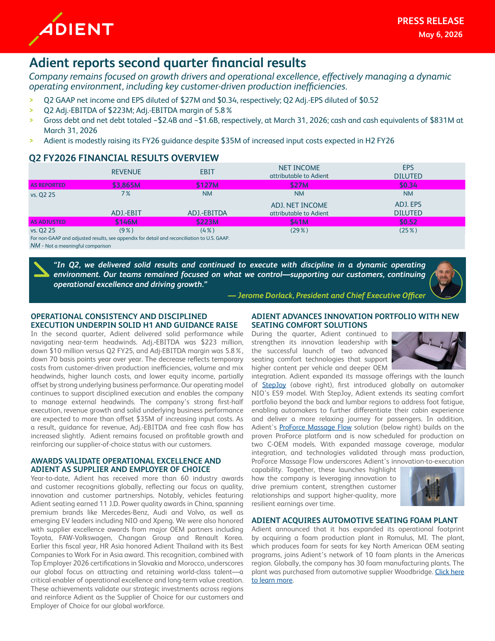 Adient's Q2 2026 Press Release