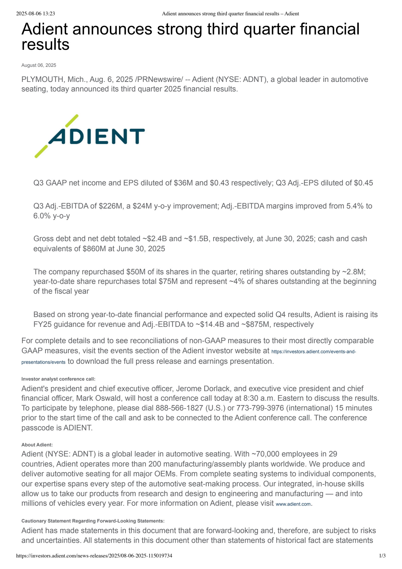 Adient's Q3 2025 Press Release