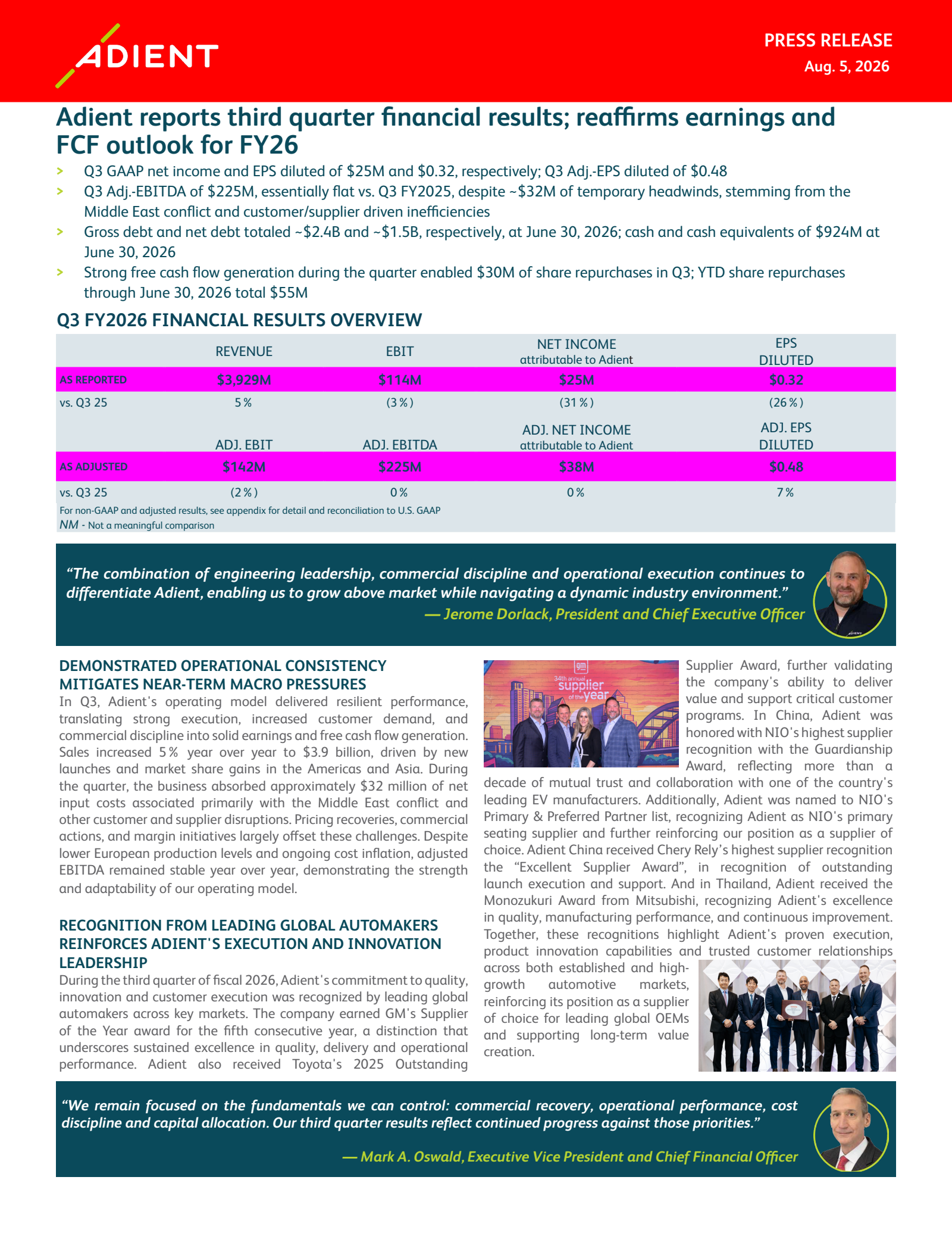 Adient's Q3 2026 Press Release