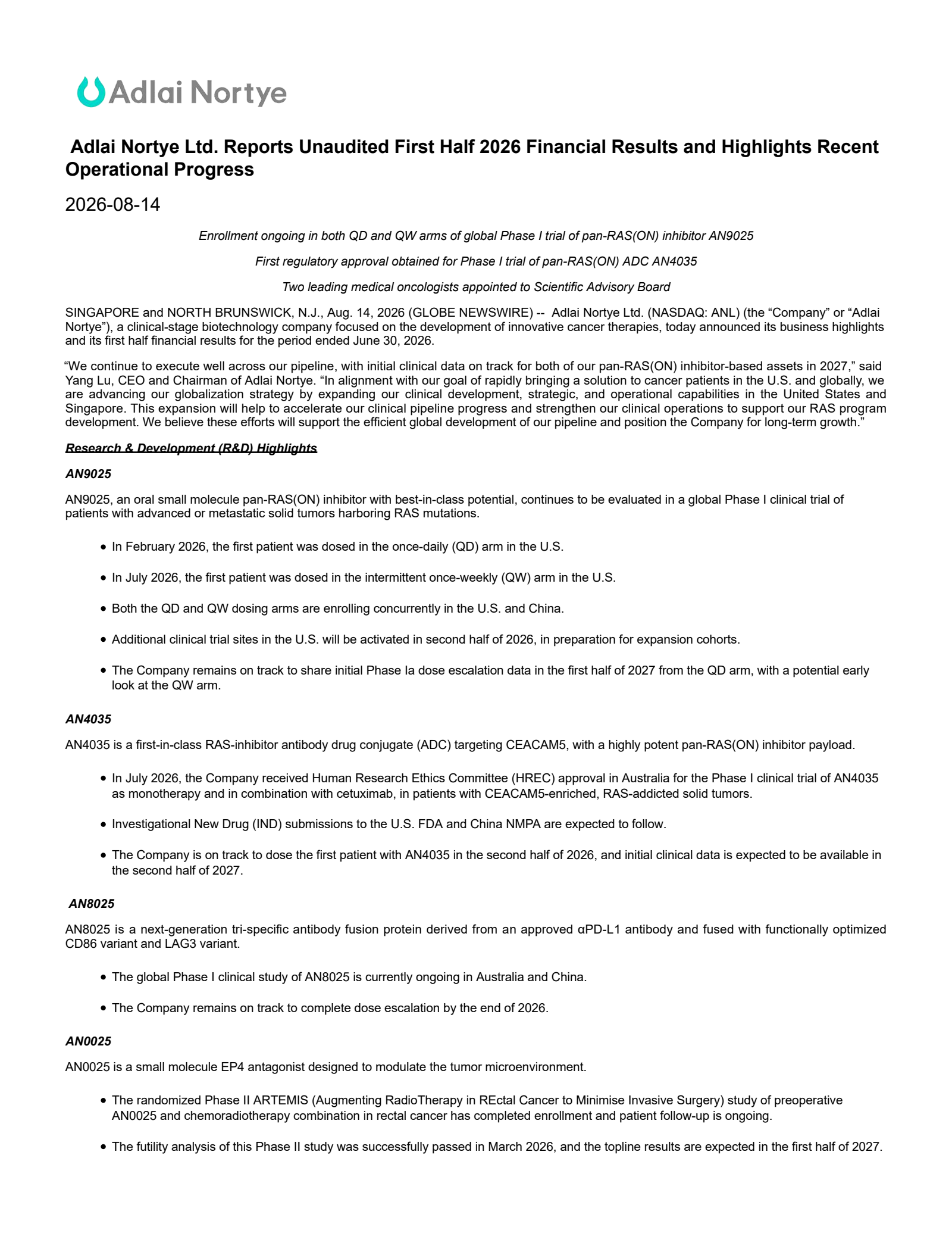Adlai Nortye's Q2 2026 Press Release