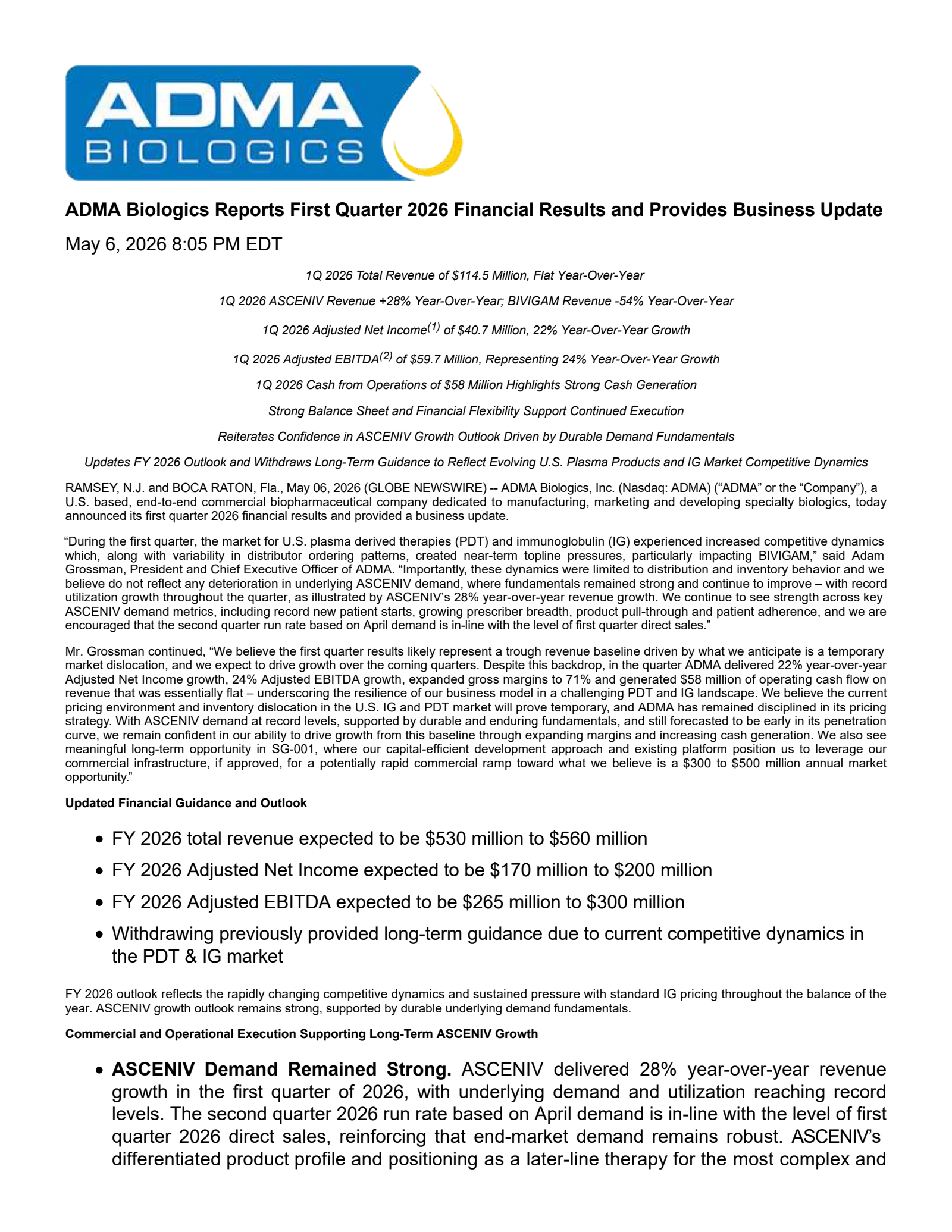 ADMA Biologics' Q1 2026 Press Release