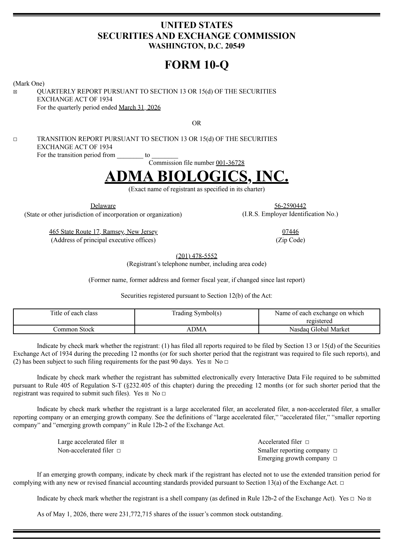ADMA Biologics' Q1 2026 Quarterly report
