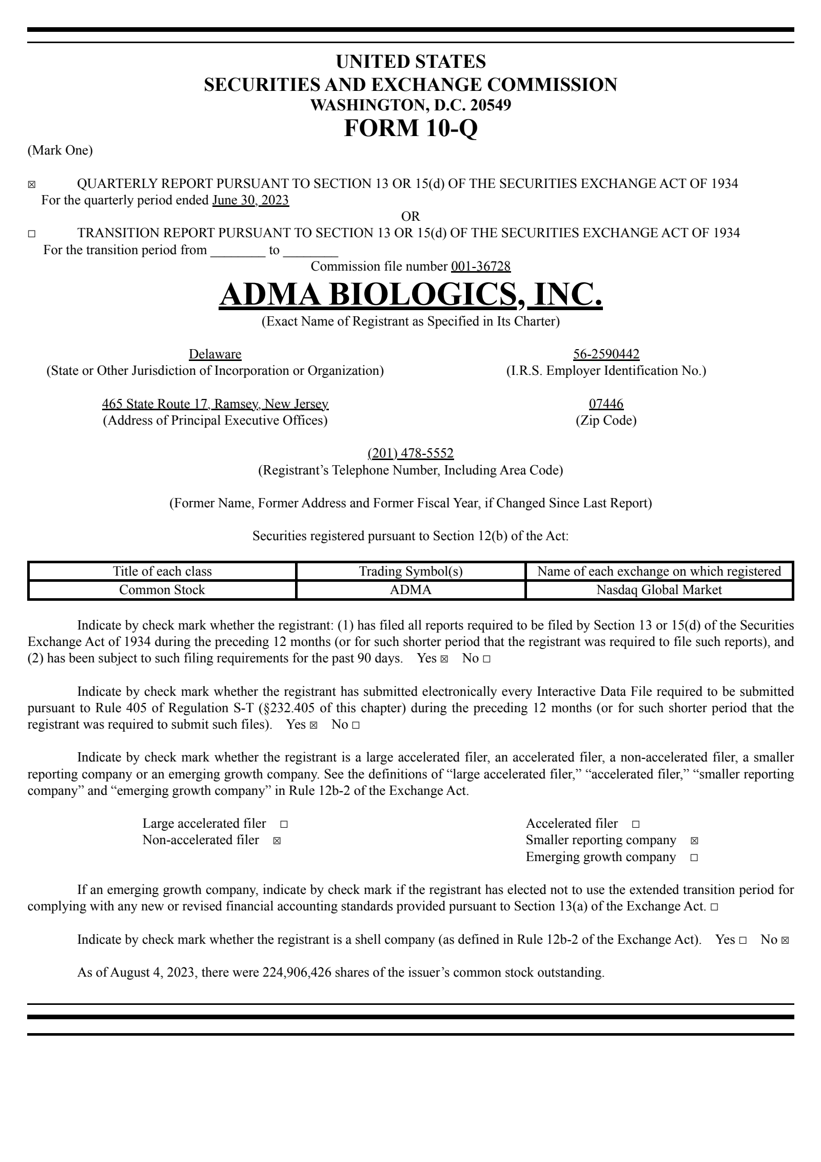 ADMA Biologics' Q2 2023 Quarterly report