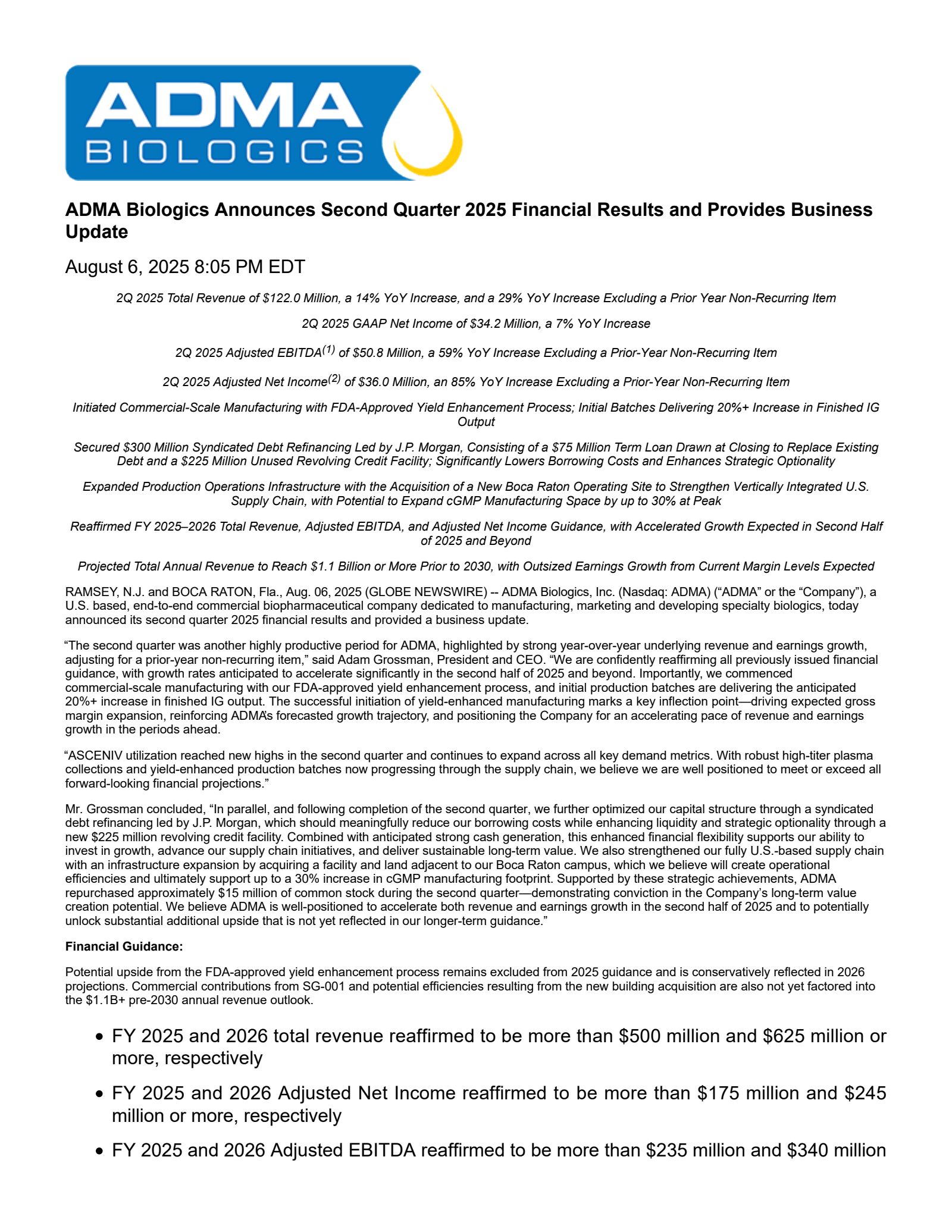ADMA Biologics' Q2 2025 Press Release