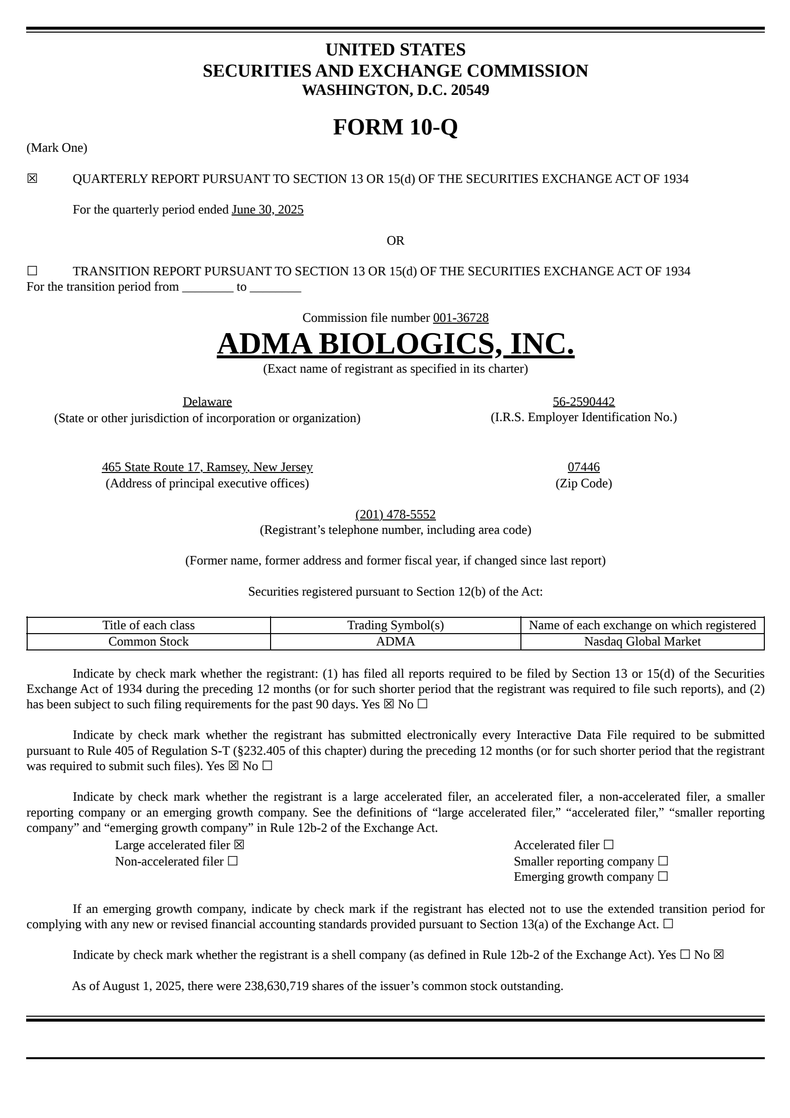 ADMA Biologics' Q2 2025 Quarterly report