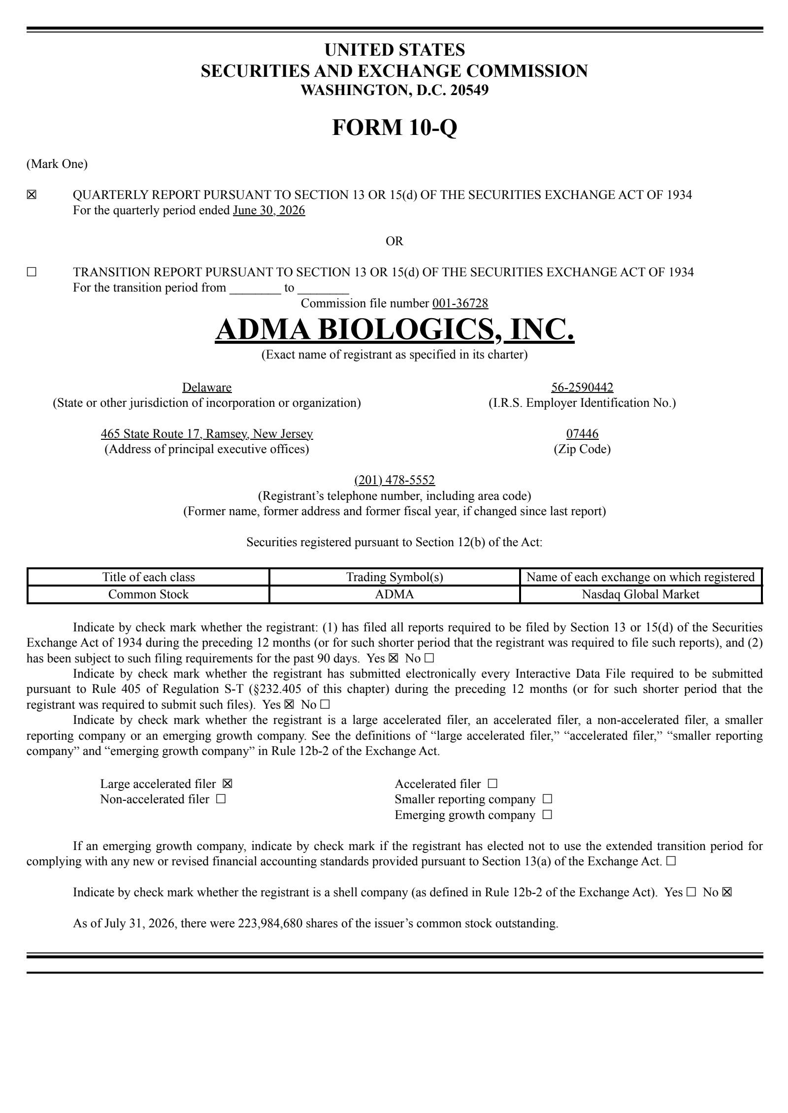 ADMA Biologics' Q2 2026 Quarterly report