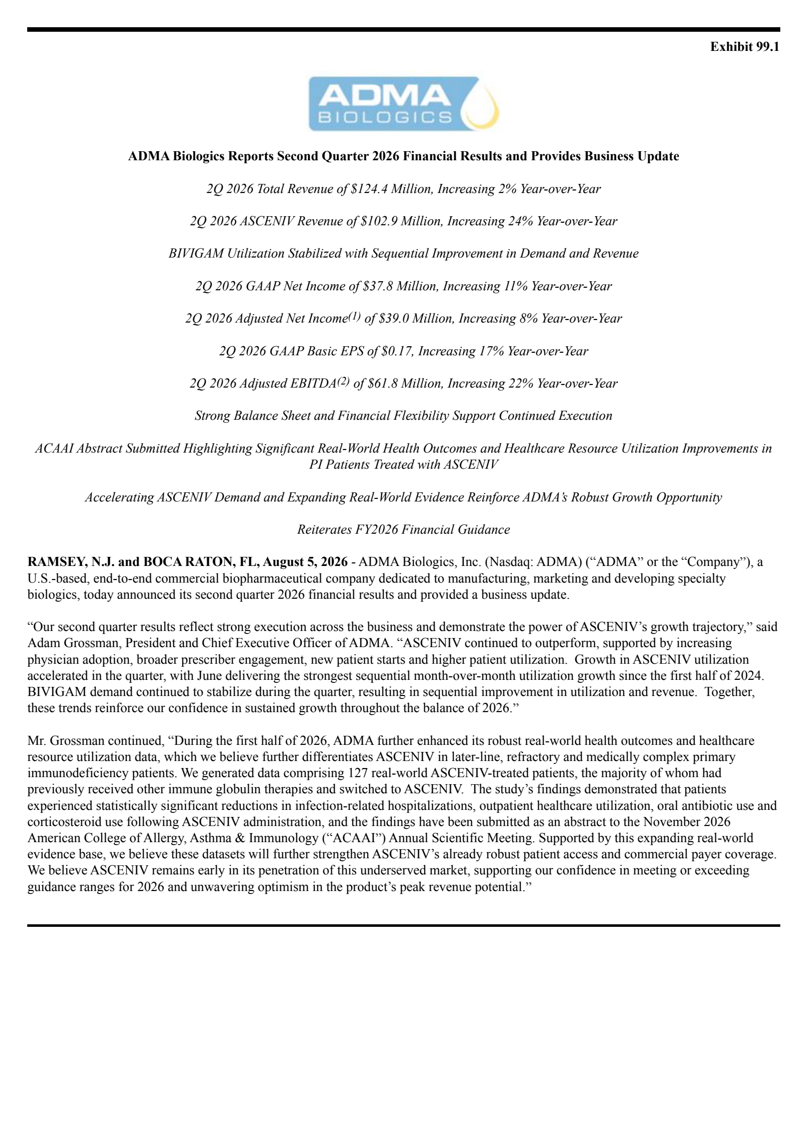 ADMA Biologics' Q2 2026 Press Release