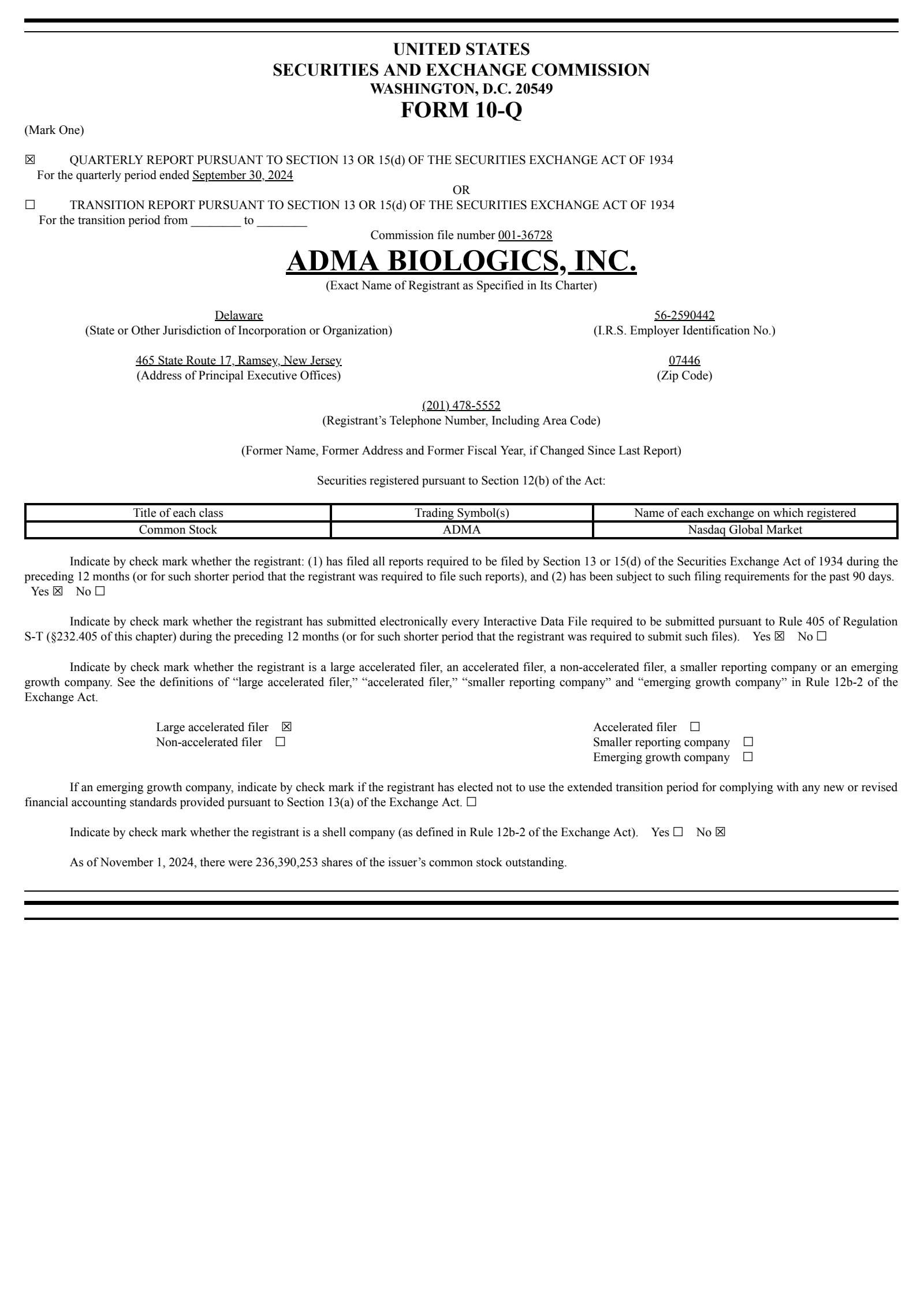 ADMA Biologics' Q3 2024 Quarterly Report