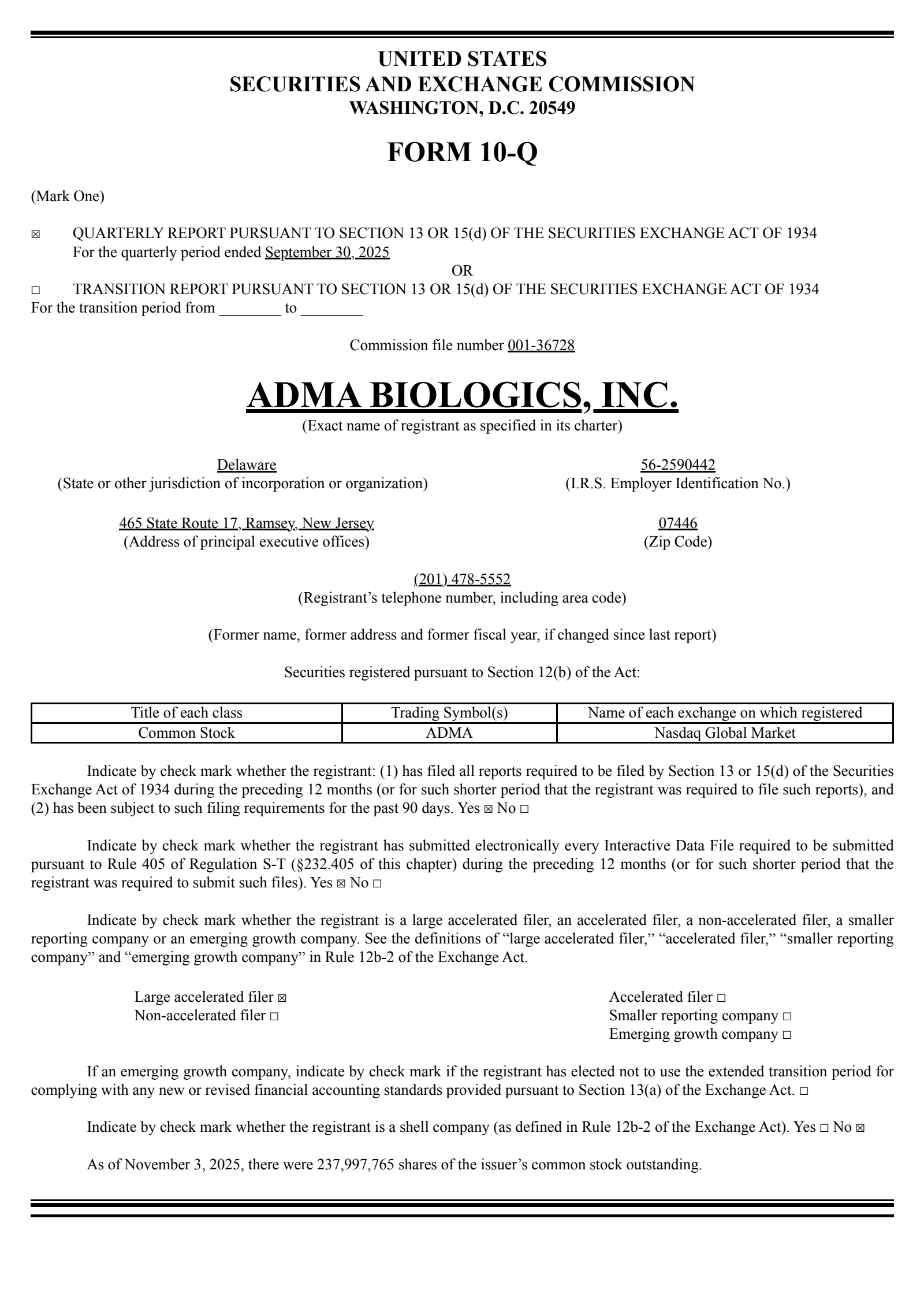 ADMA Biologics' Q3 2025 Quarterly Report