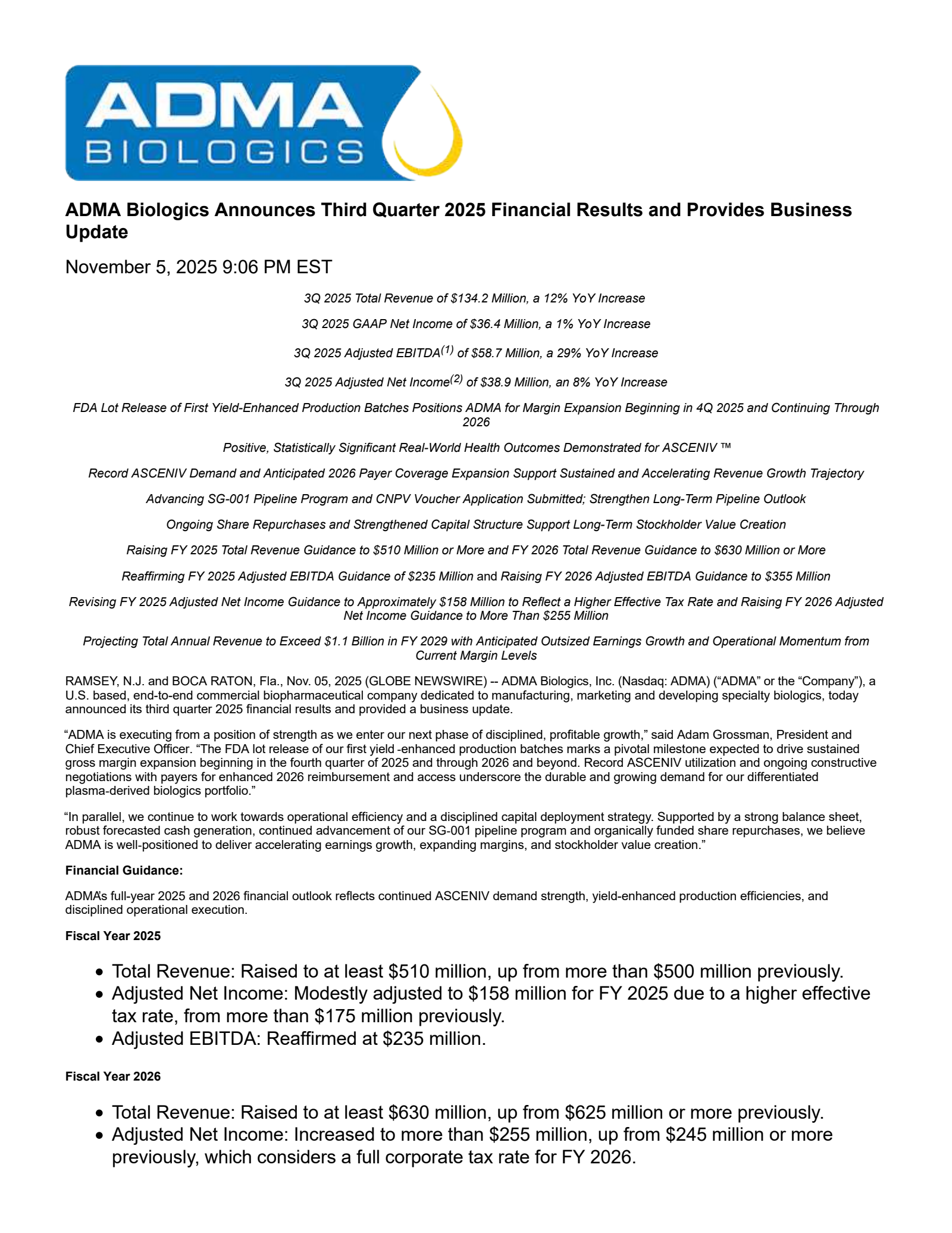 ADMA Biologics' Q3 2025 Earnings Release