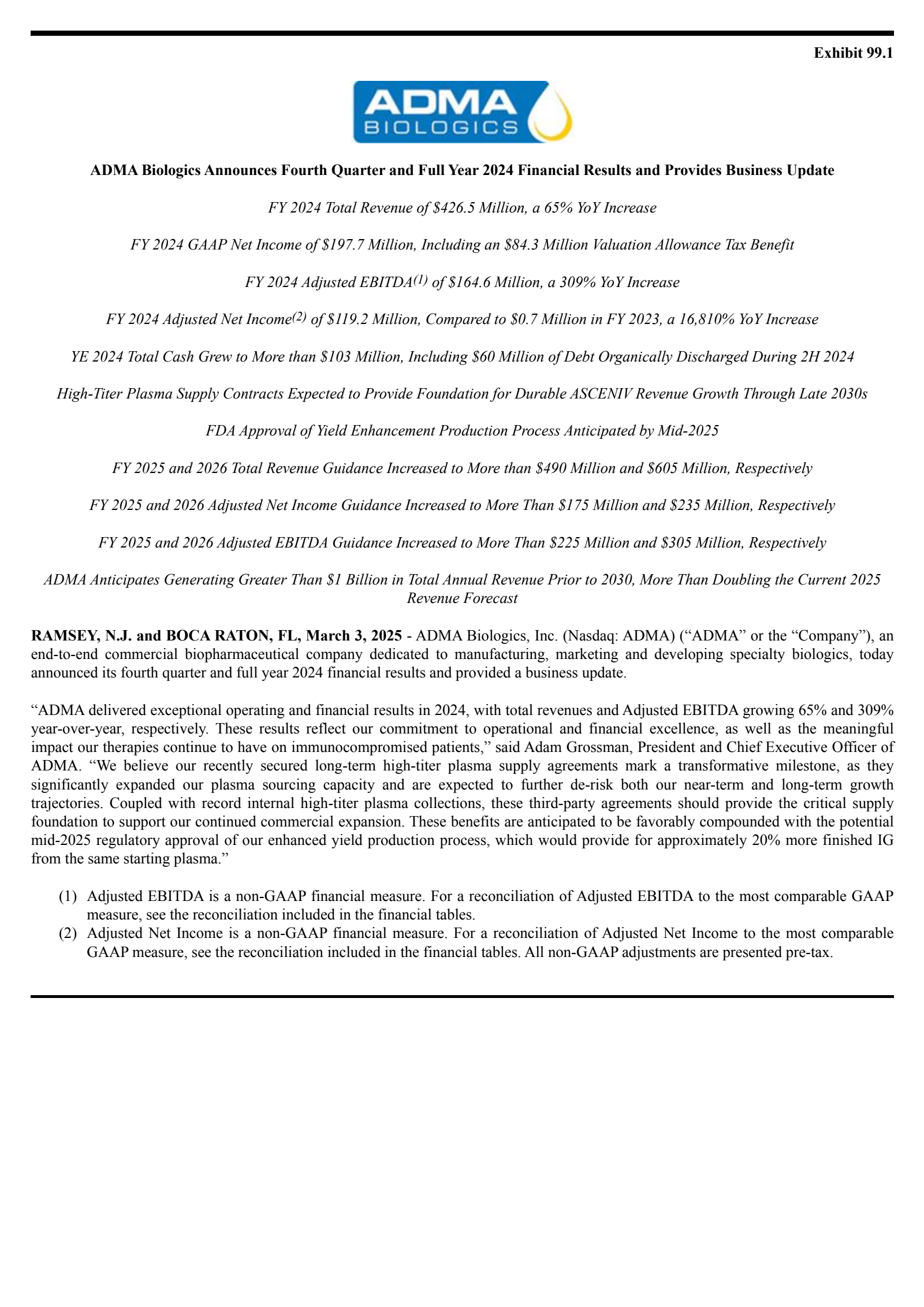 ADMA Biologics' Q4 2024 Press Release