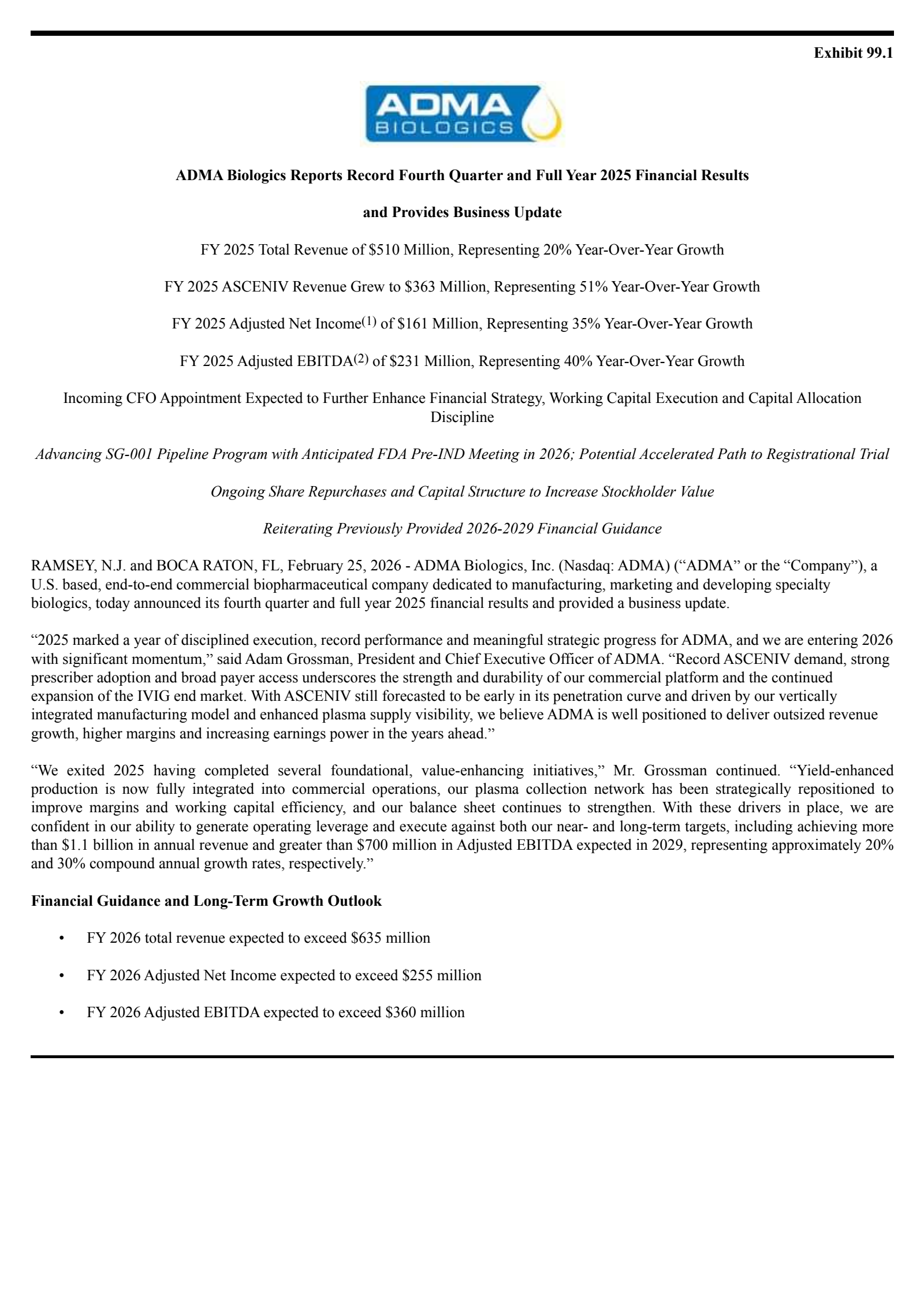 ADMA Biologics' Q4 2025 Press Release