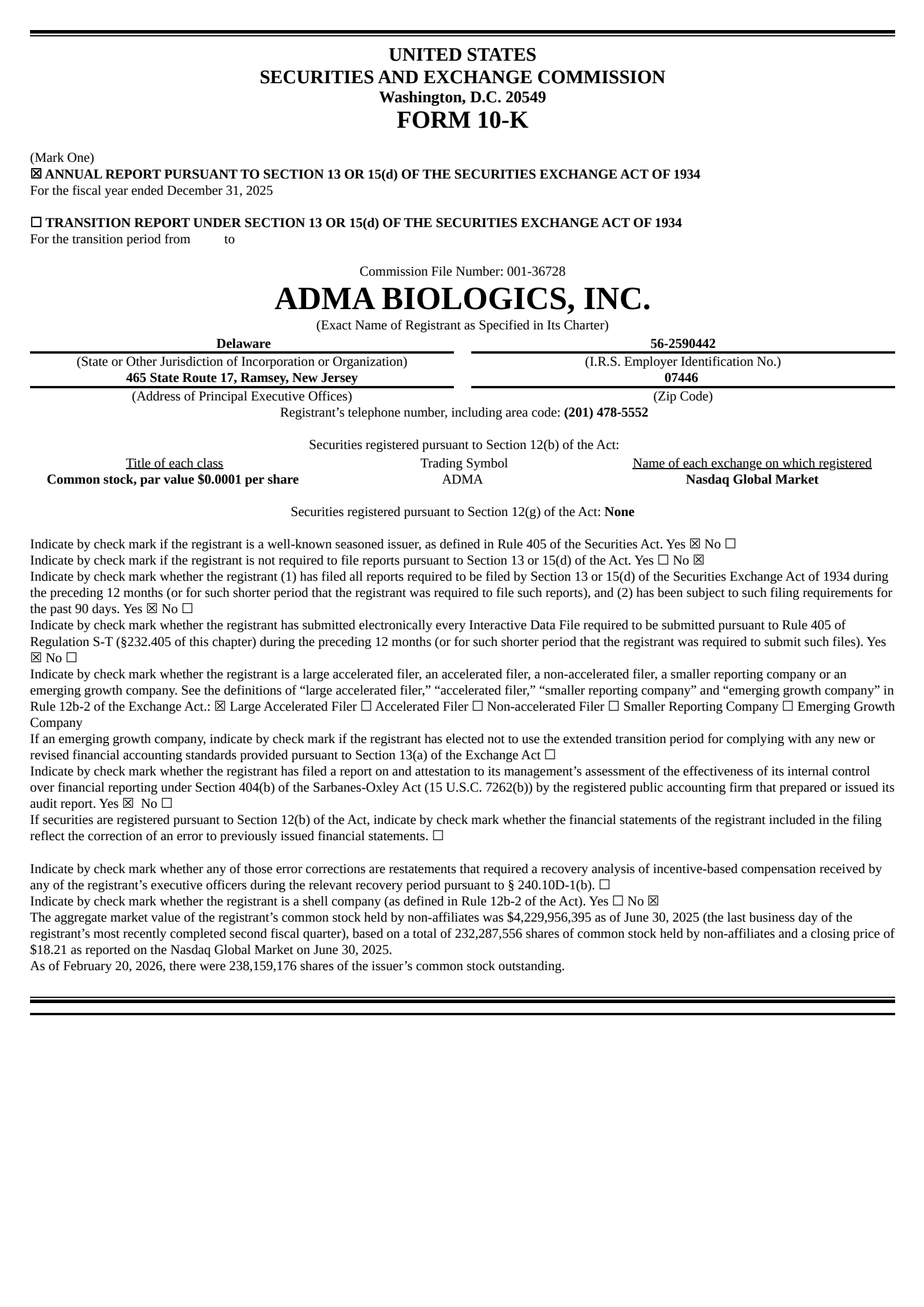 ADMA Biologics' Q4 2025 Annual report