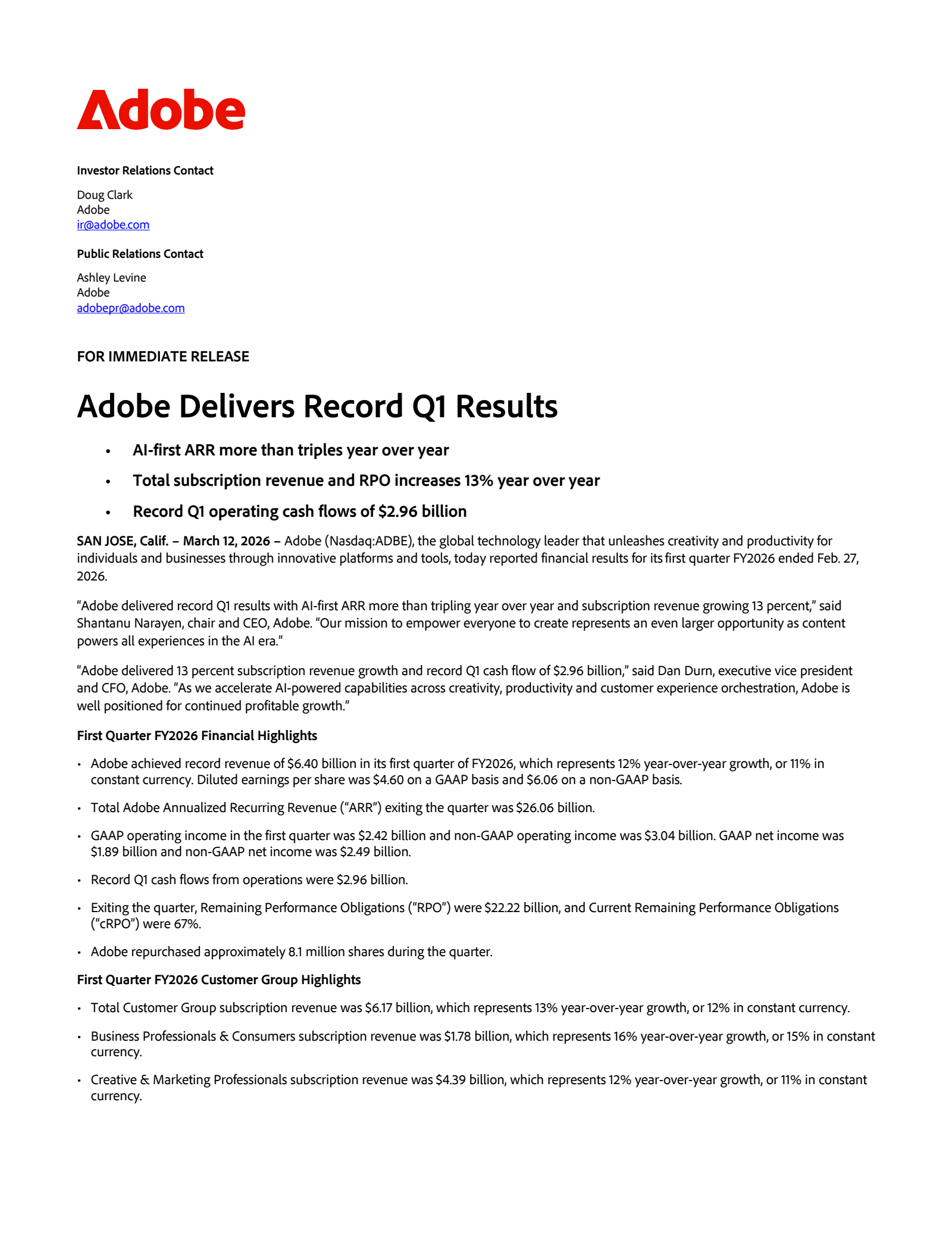 Adobe's Q1 2026 Press Release