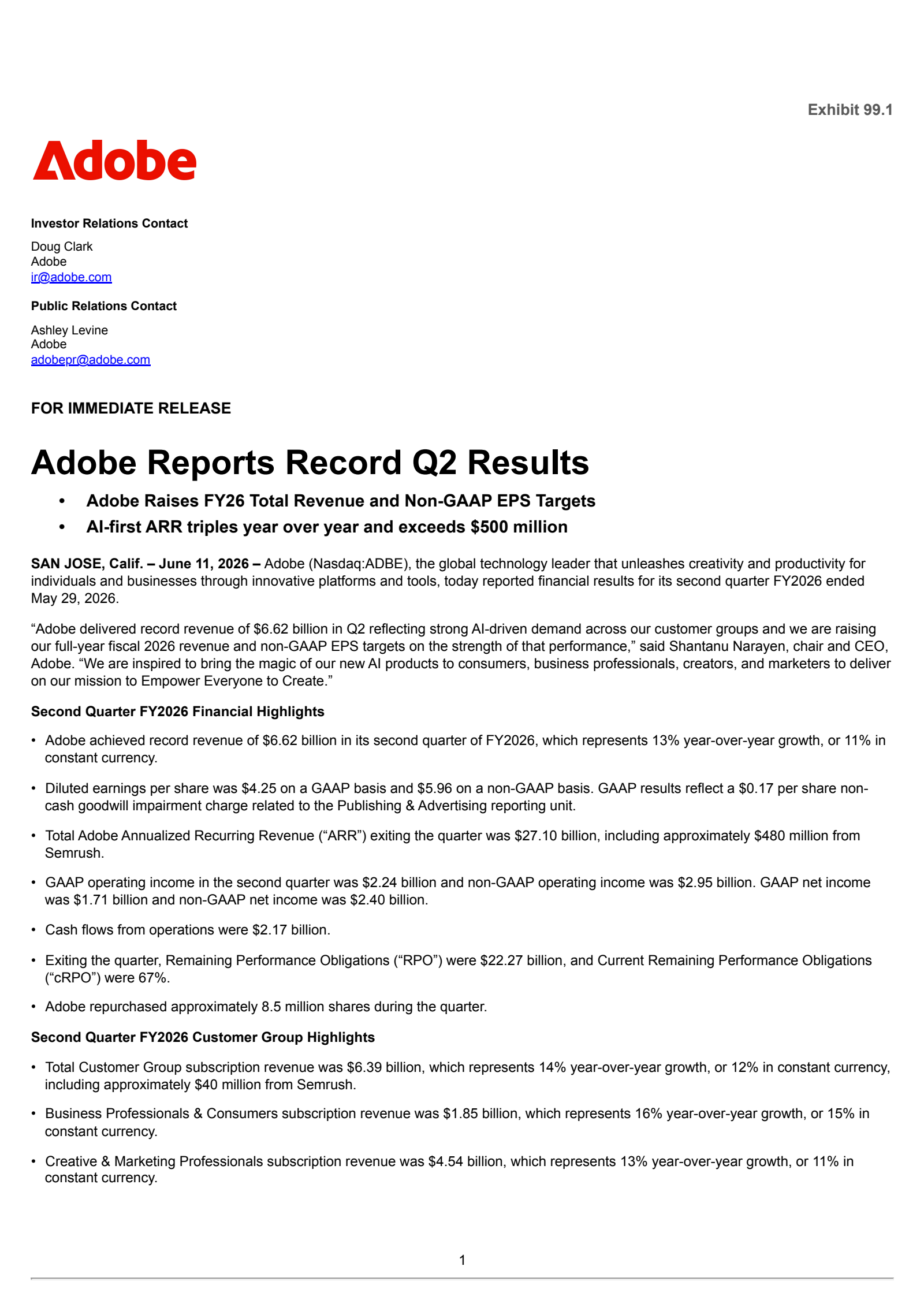 Adobe's Q2 2026 Press Release