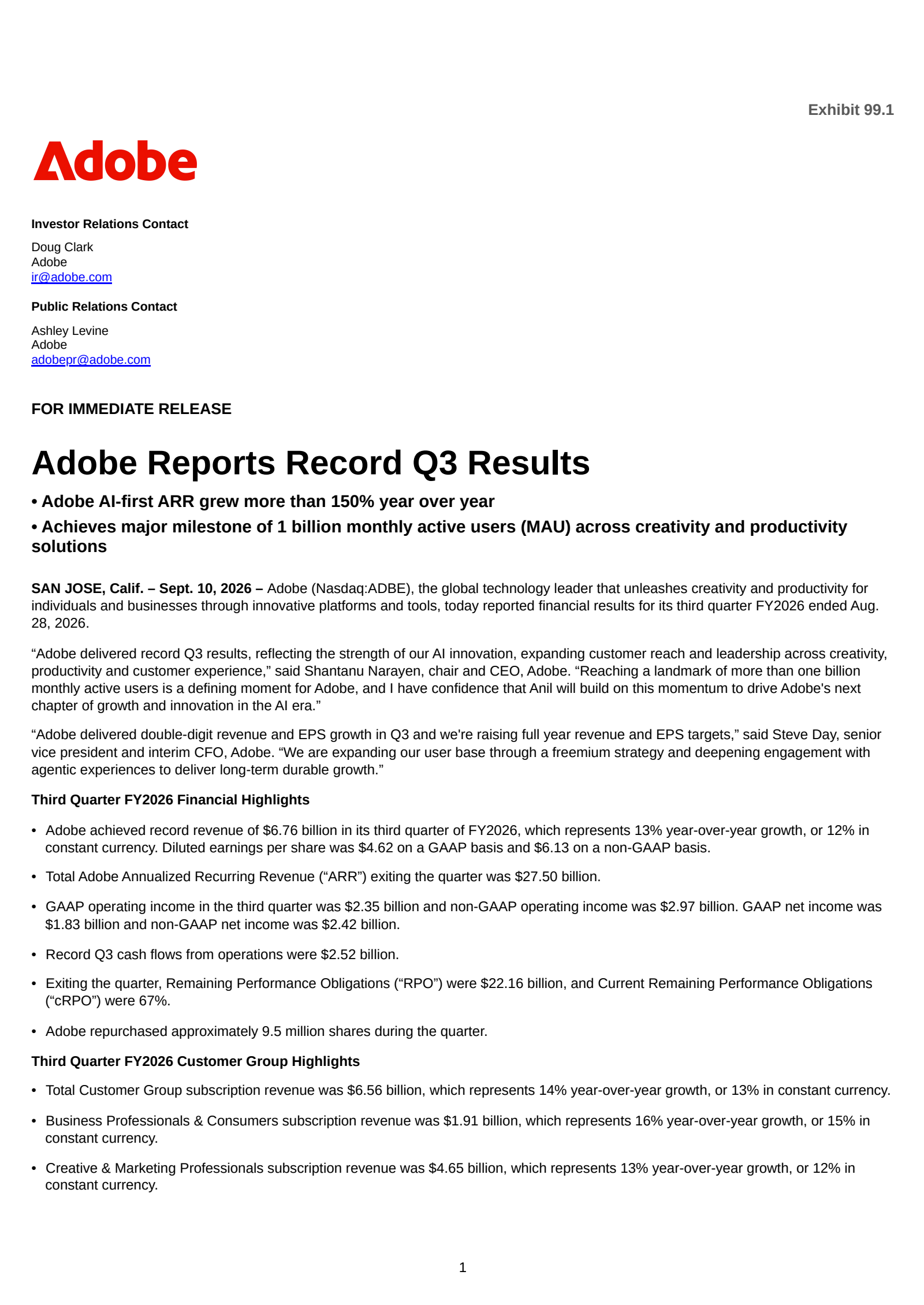 Adobe's Q3 2026 Press Release