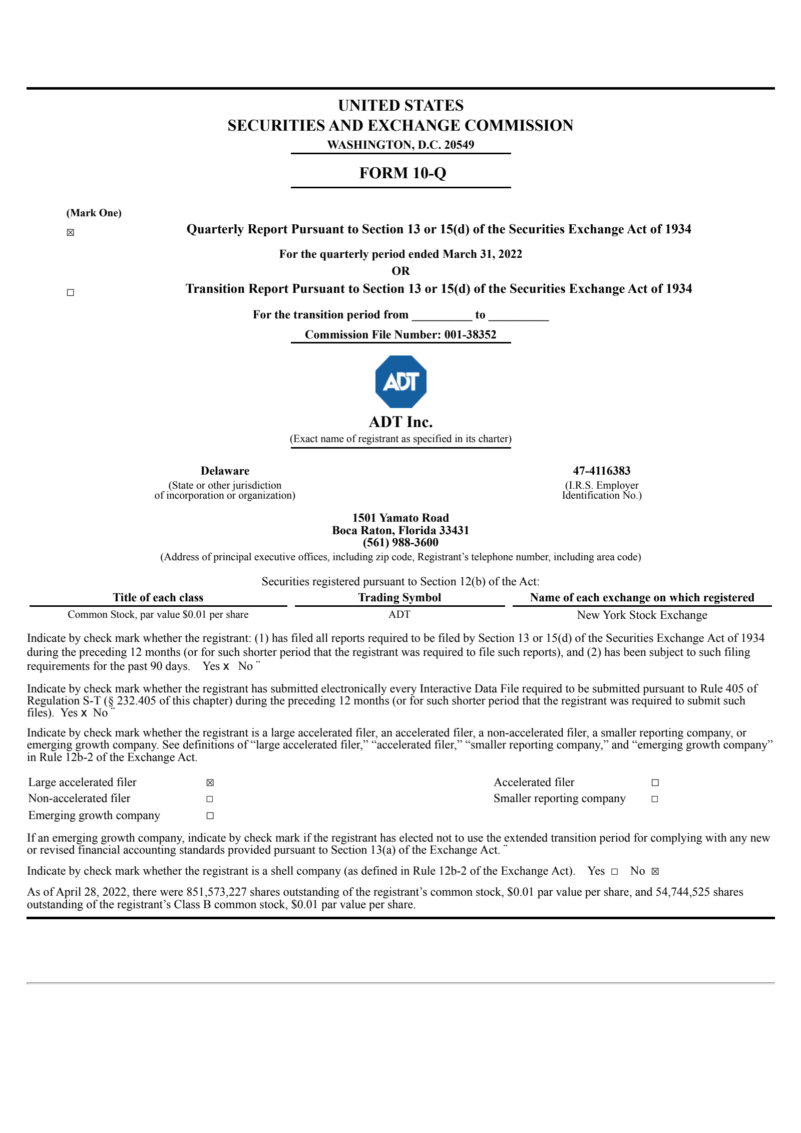 ADT's Q1 2022 Quarterly report