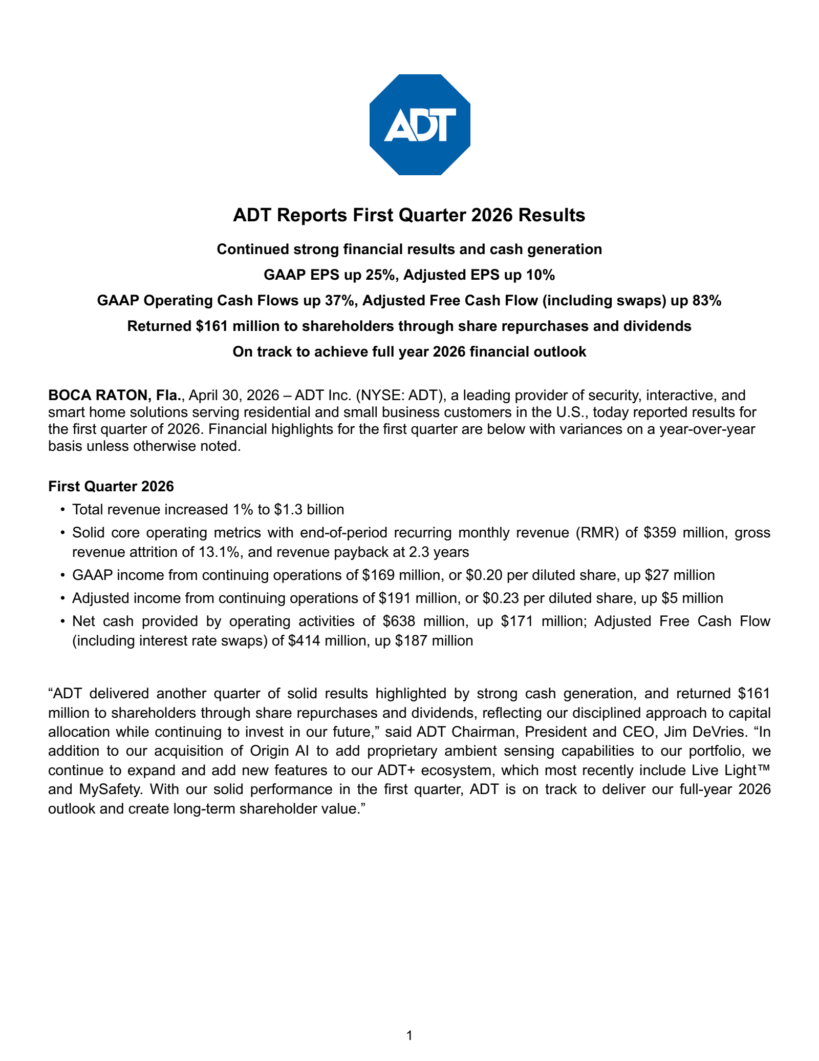 ADT's Q1 2026 Press Release