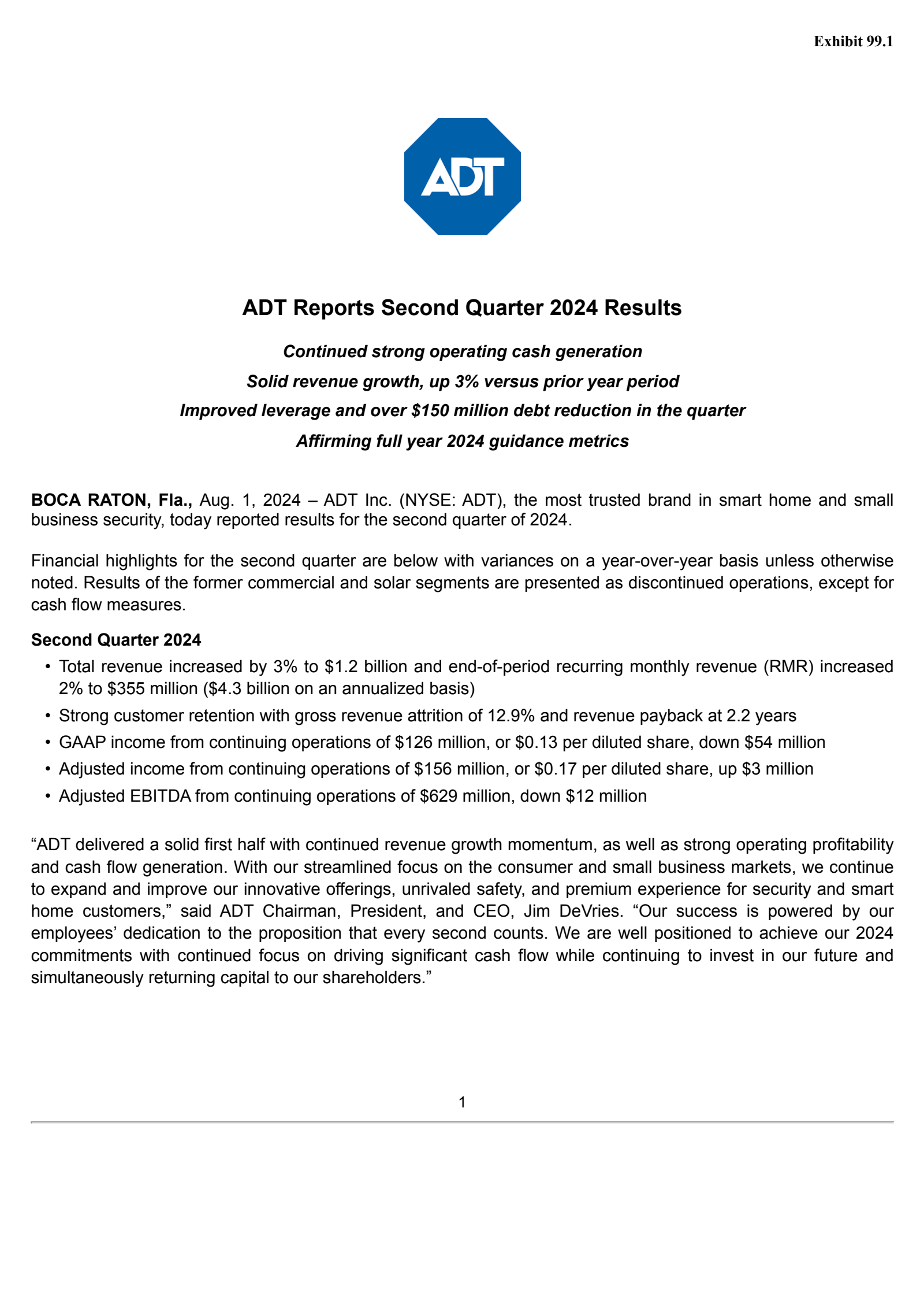 ADT's Q2 2024 Press Release