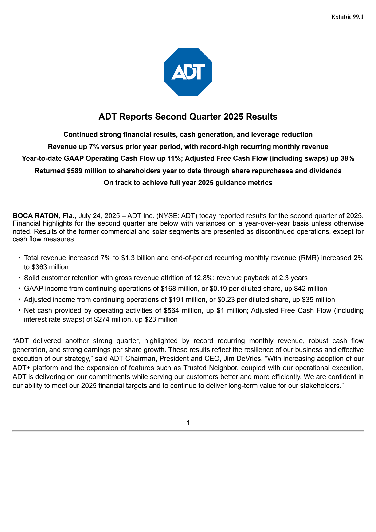 ADT's Q2 2025 Press Release