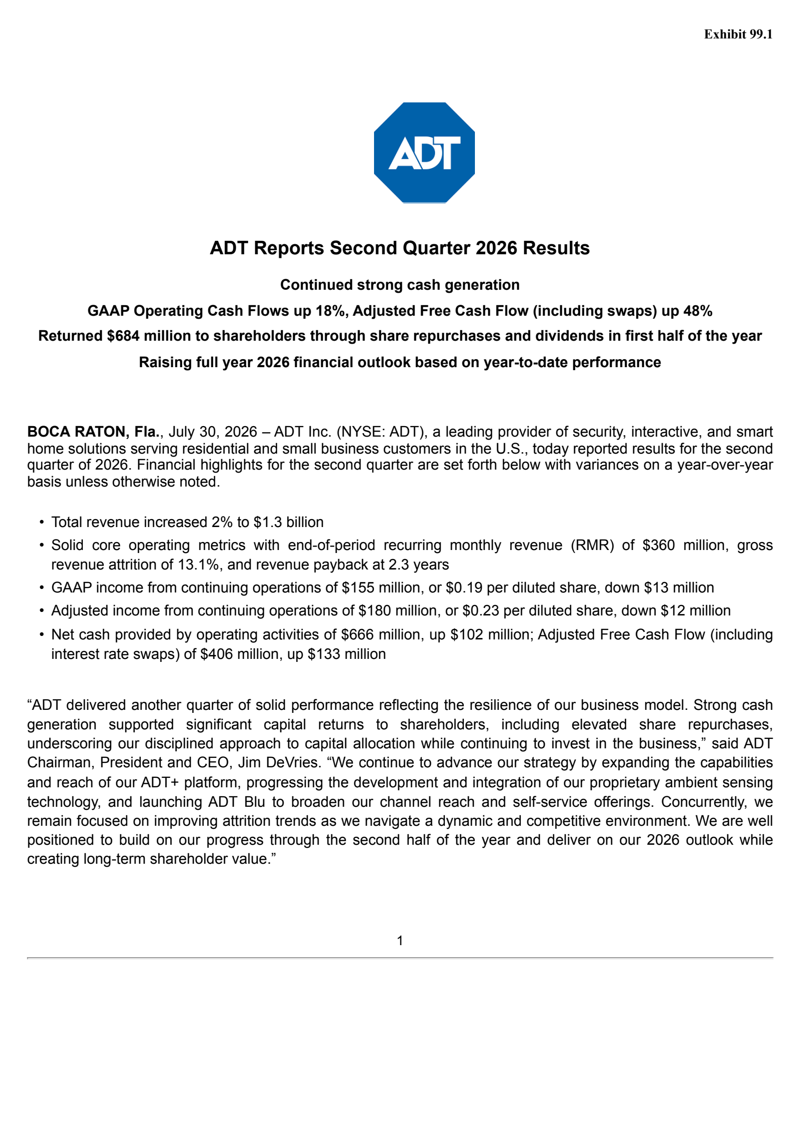 ADT's Q2 2026 Press Release