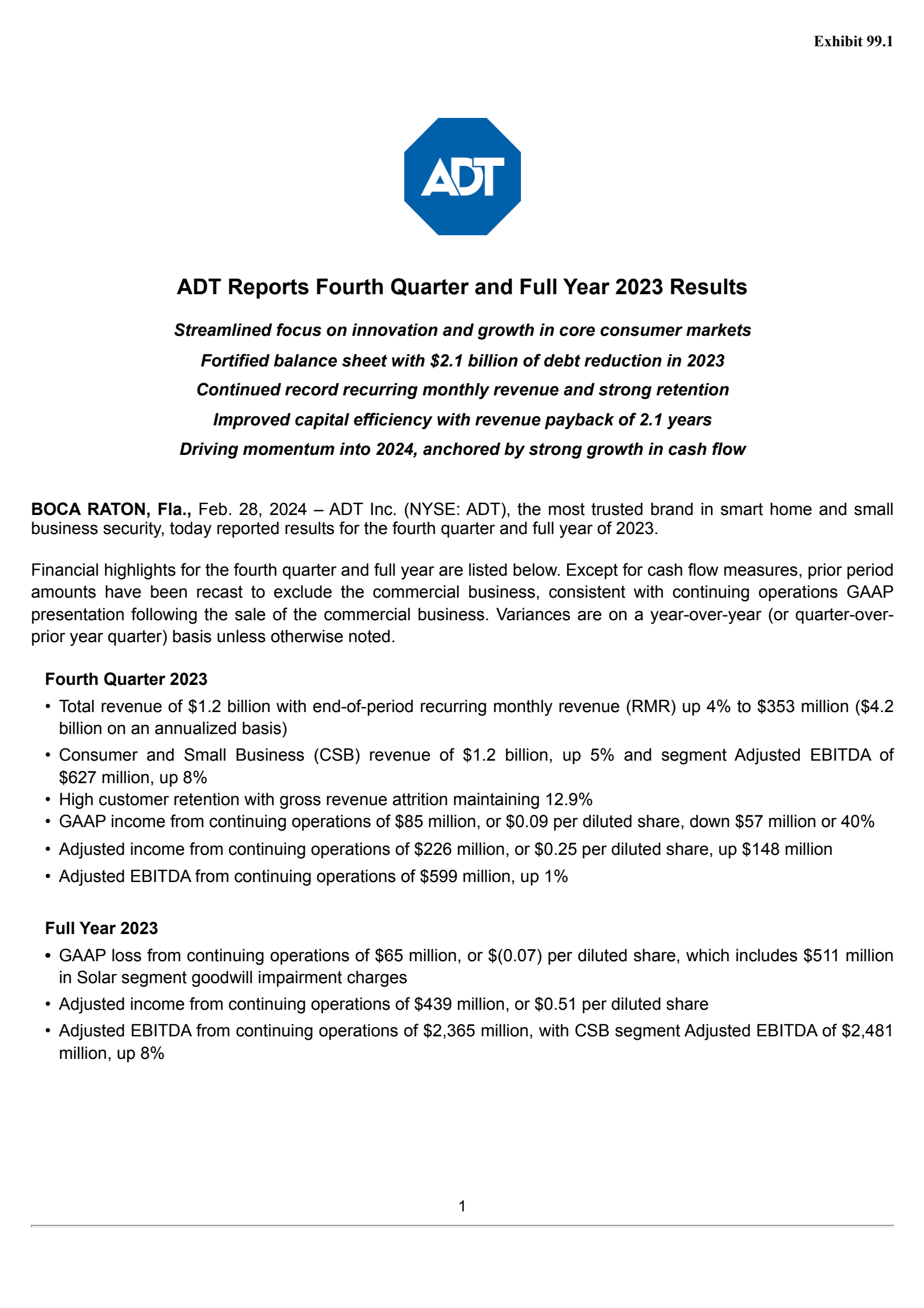 ADT's Q4 2023 Press Release