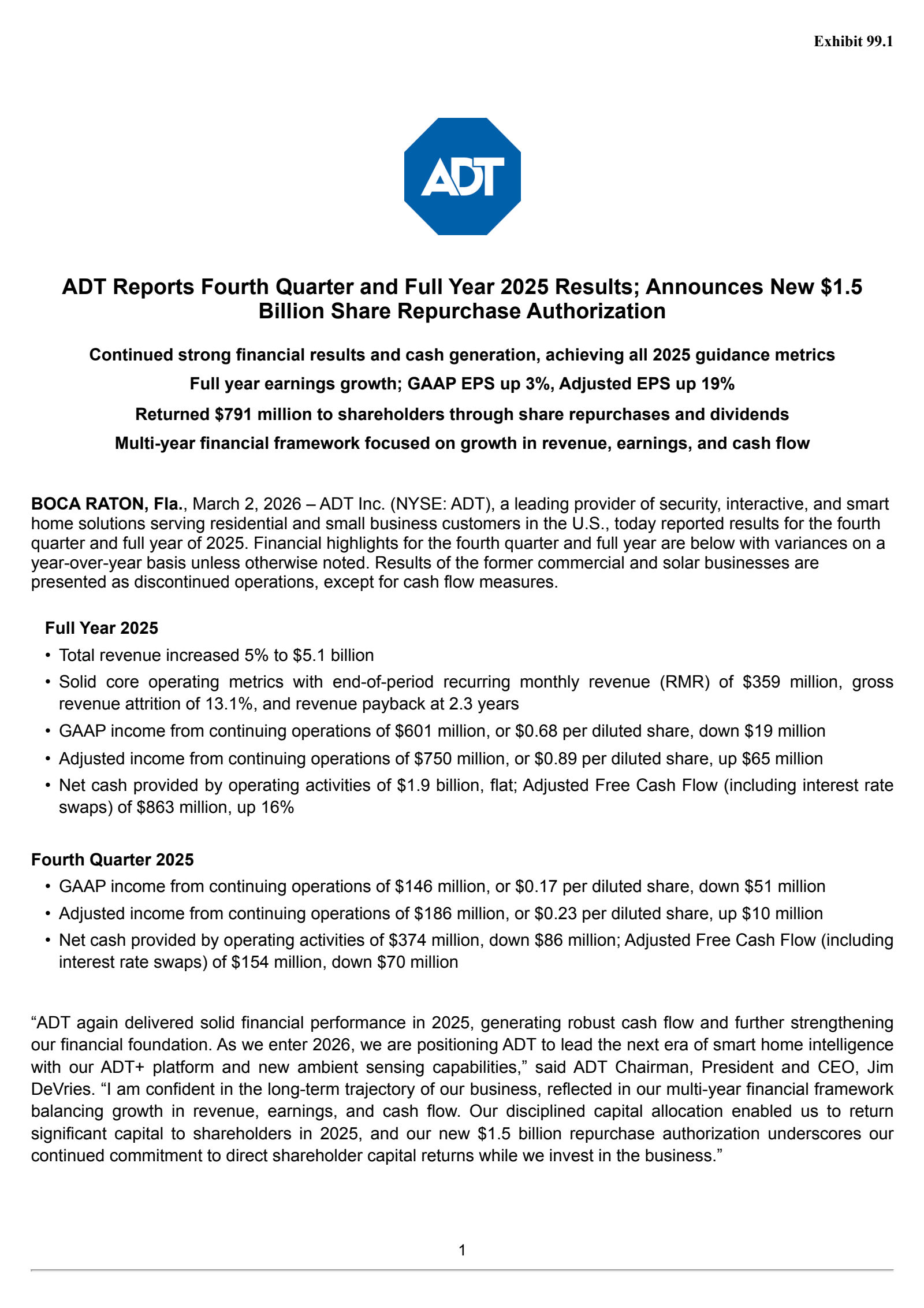 ADT's Q4 2025 Press Release