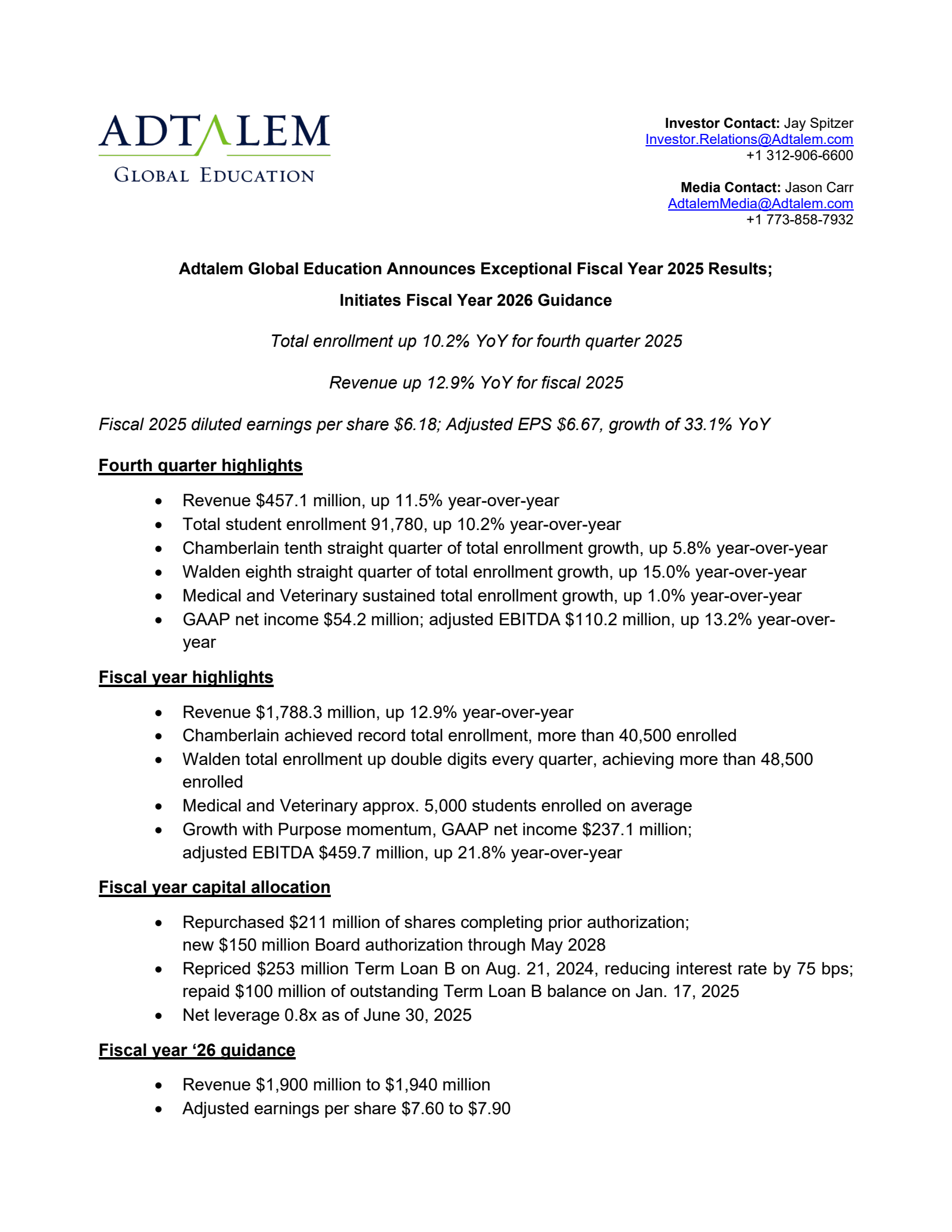 Adtalem Global Education's Q4 2025 Press Release
