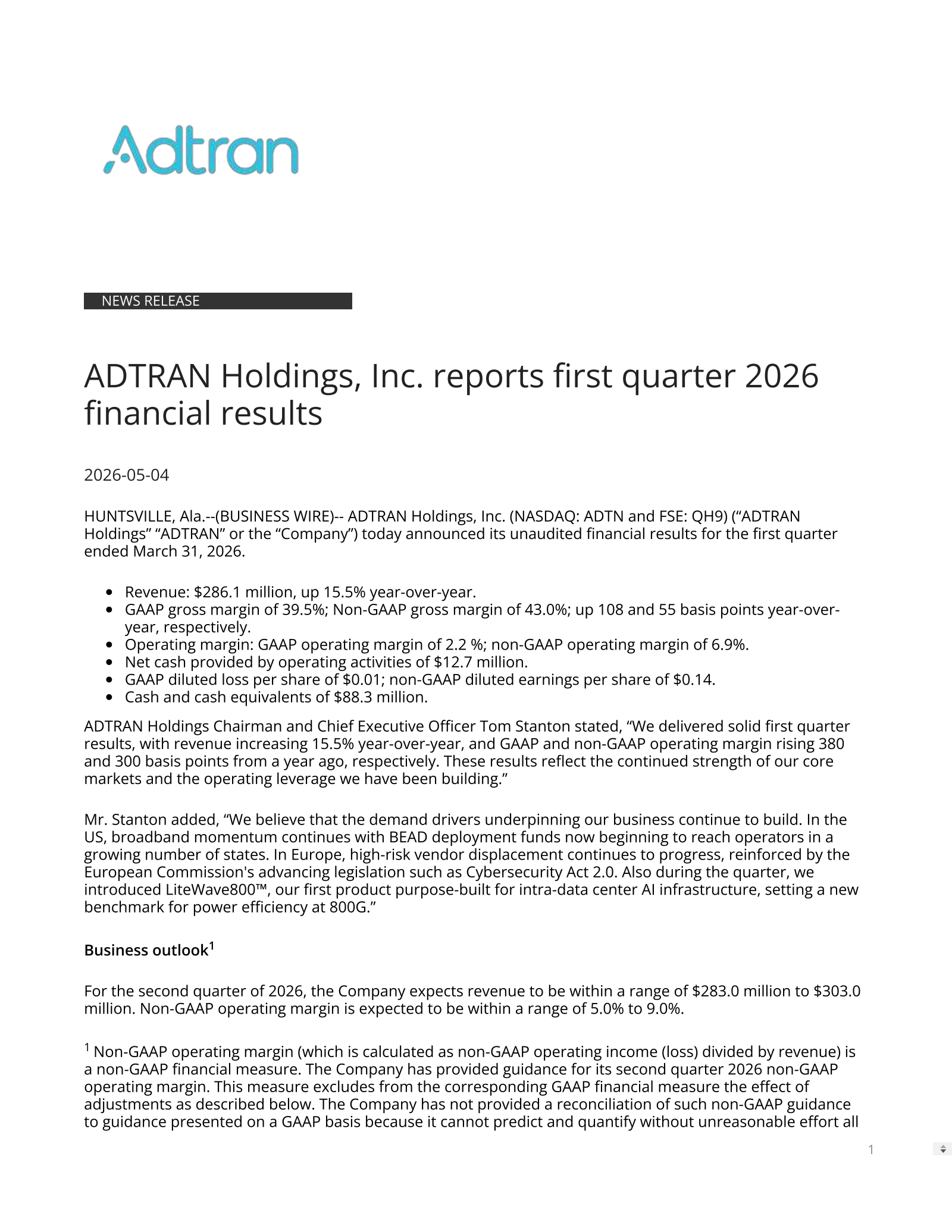 ADTRAN's Q1 2026 Press Release