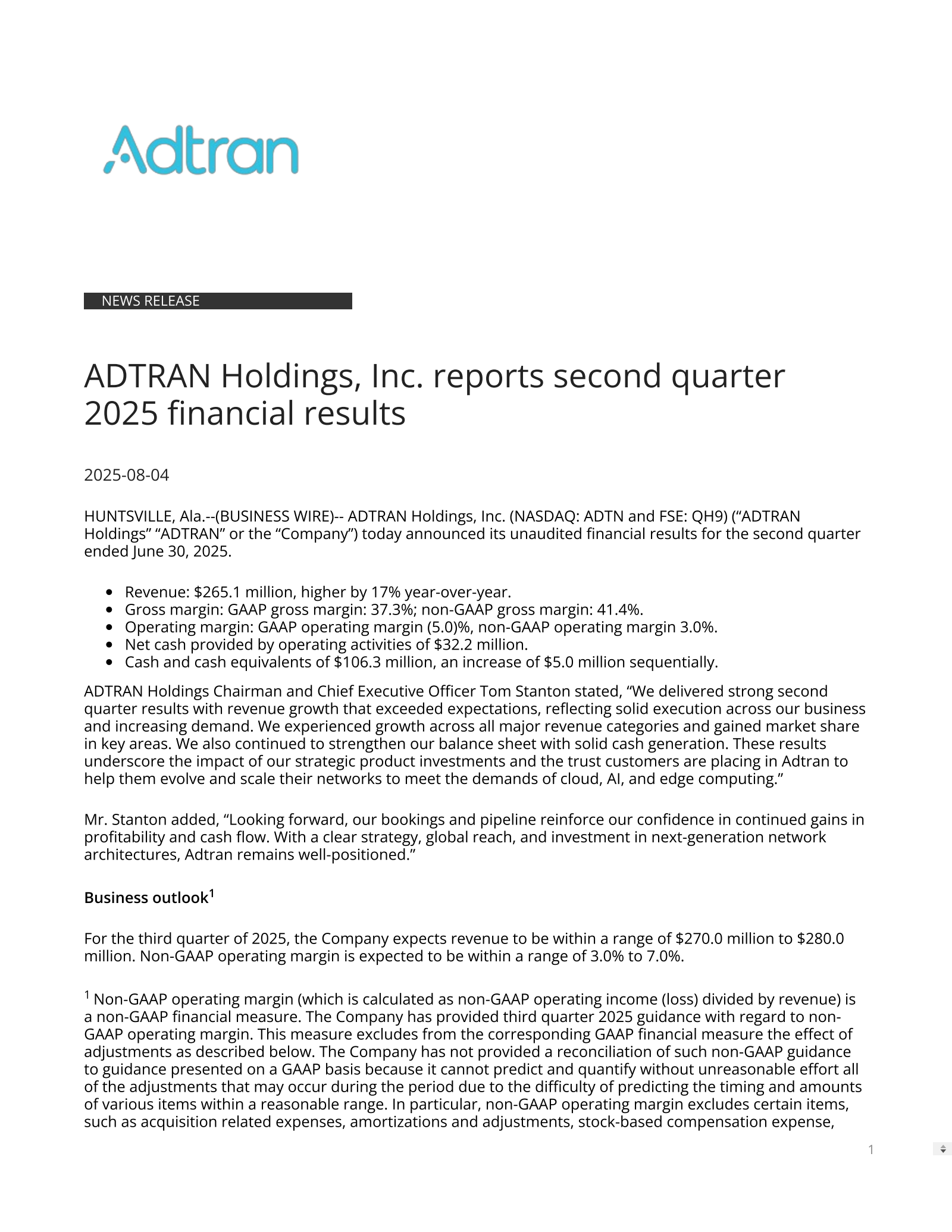 ADTRAN's Q2 2025 Press Release