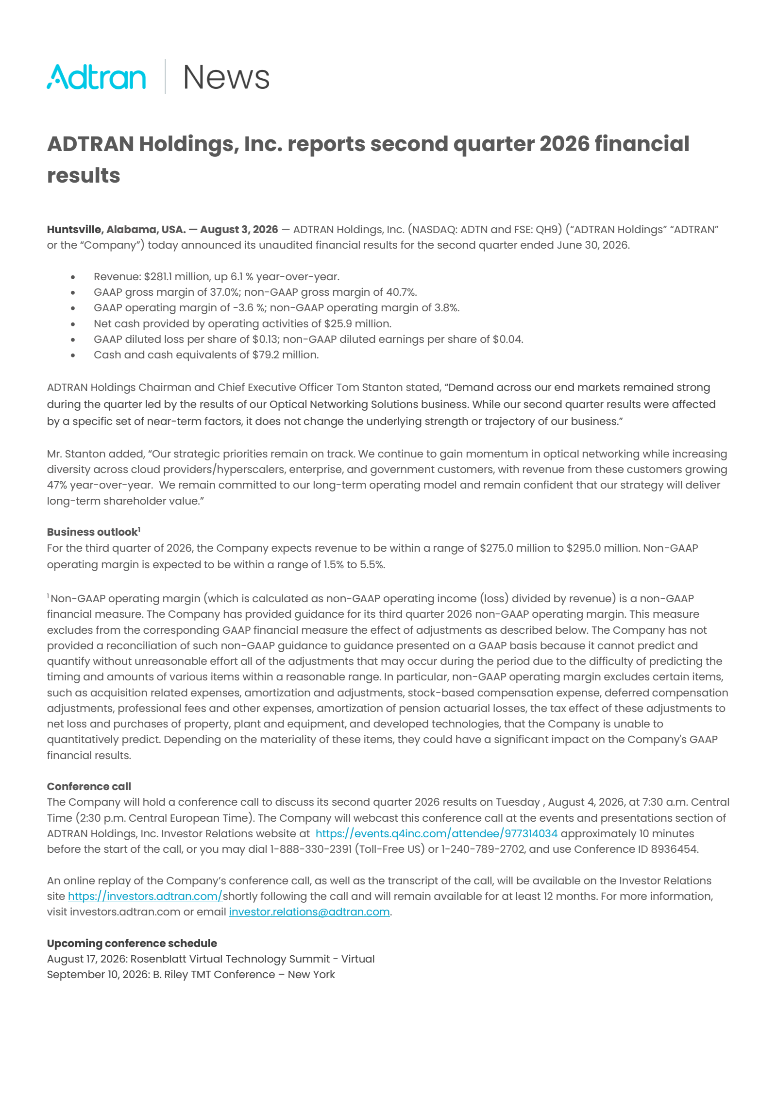 ADTRAN's Q2 2026 Press Release