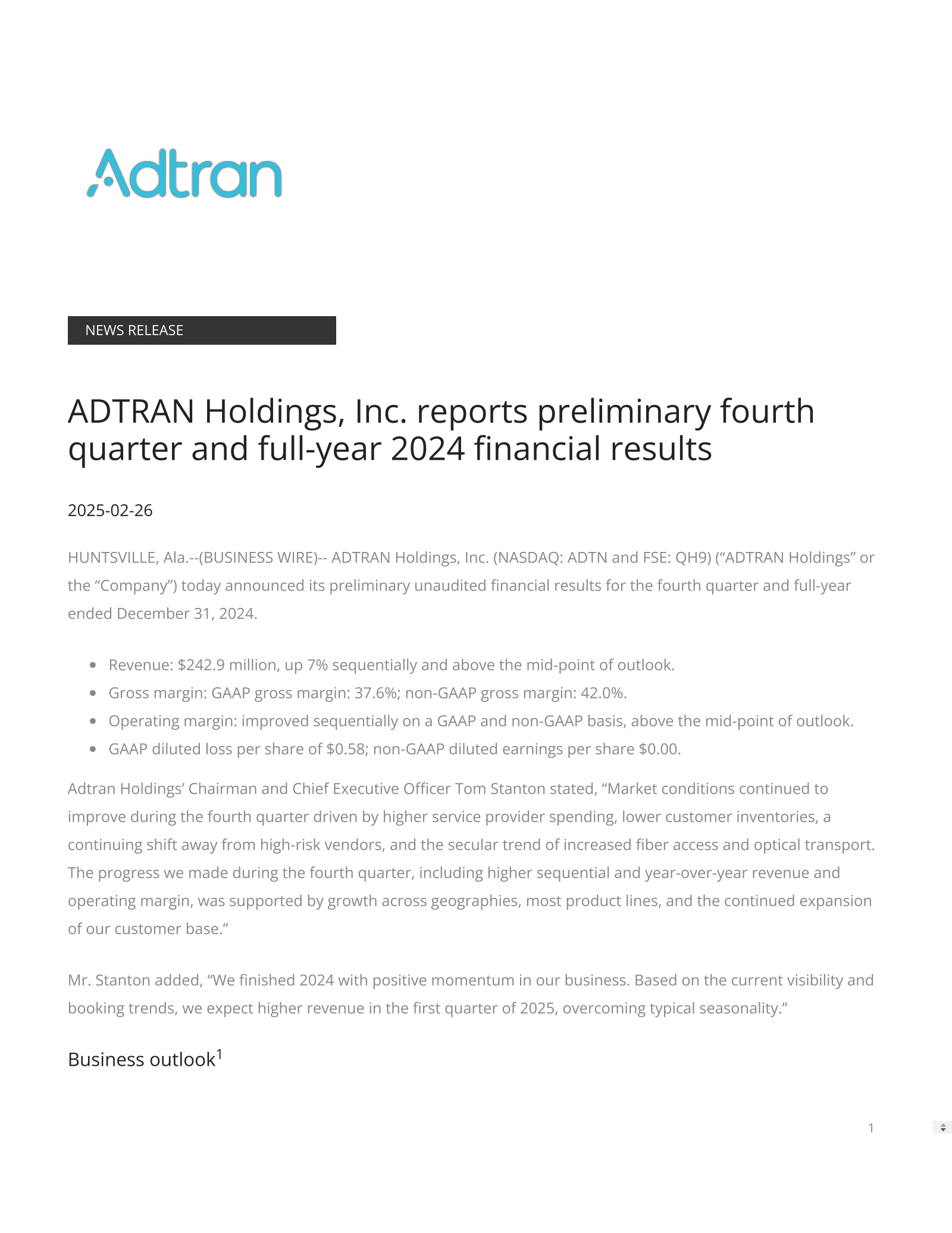 ADTRAN's Q4 2024 Press Release