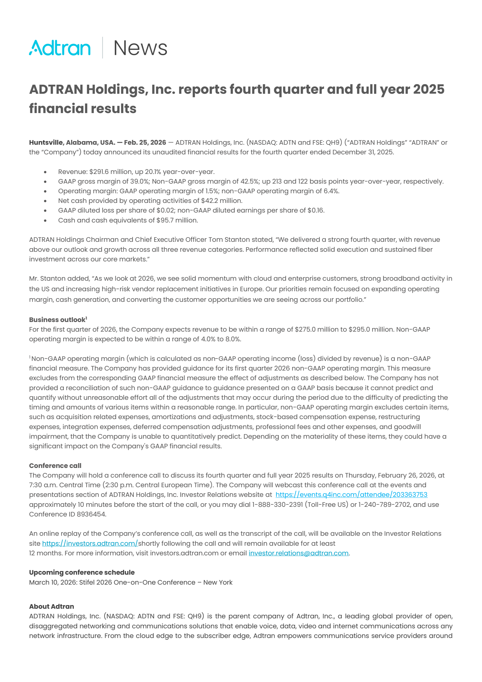 ADTRAN's Q4 2025 Press Release