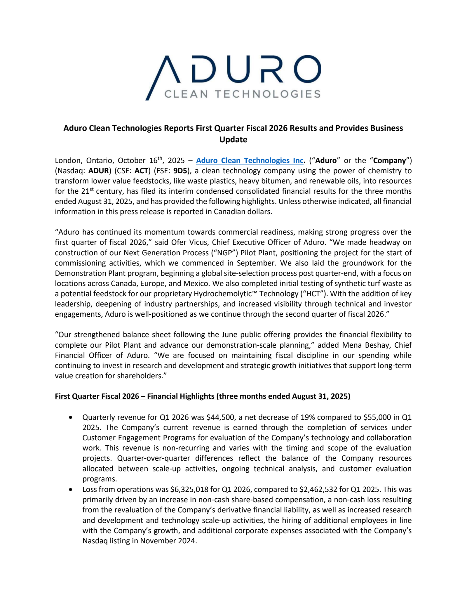 Aduro Clean Technologies' Q1 2026 Earnings Release