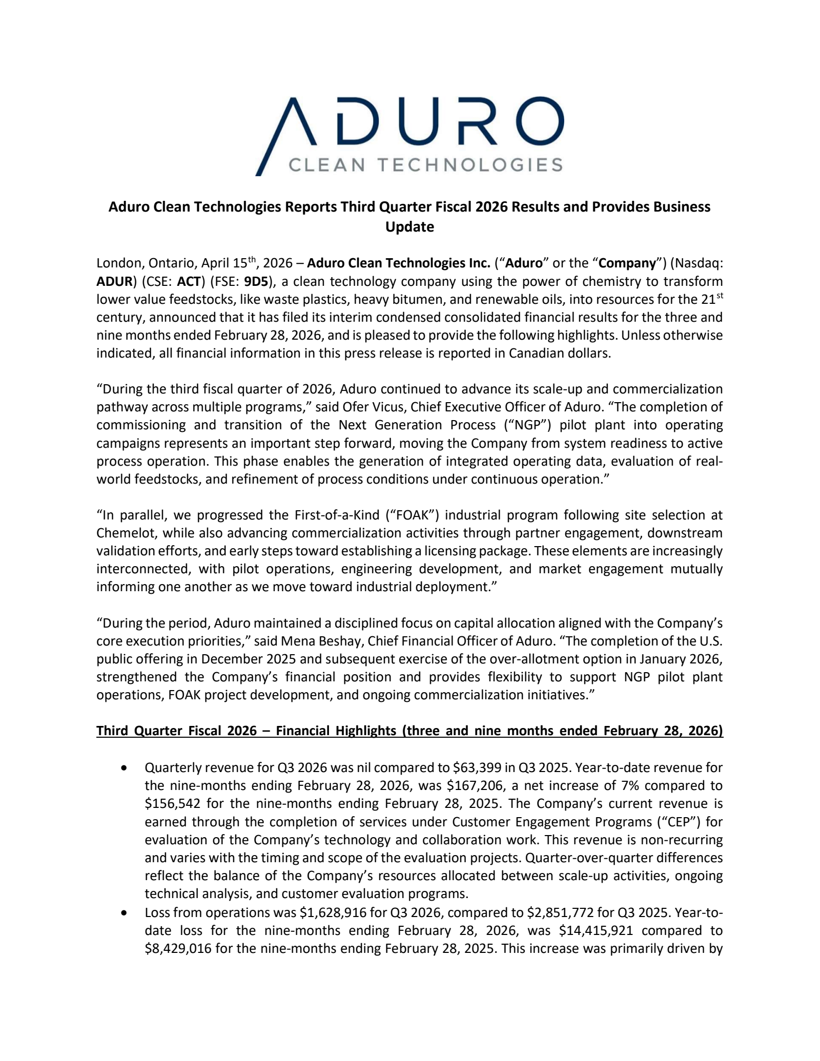 Aduro Clean Technologies' Q3 2026 Press Release