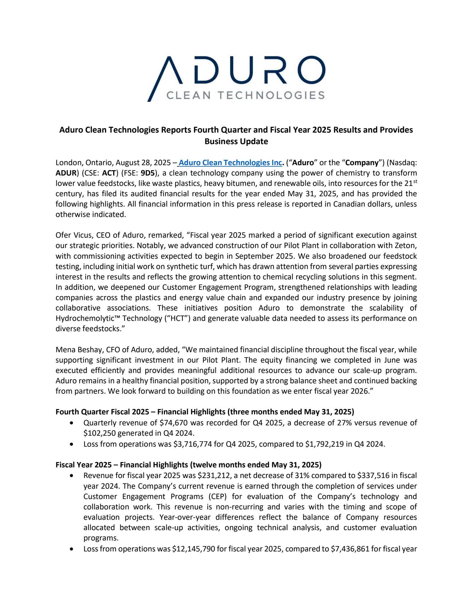 Aduro Clean Technologies' Q4 2025 Earnings Release