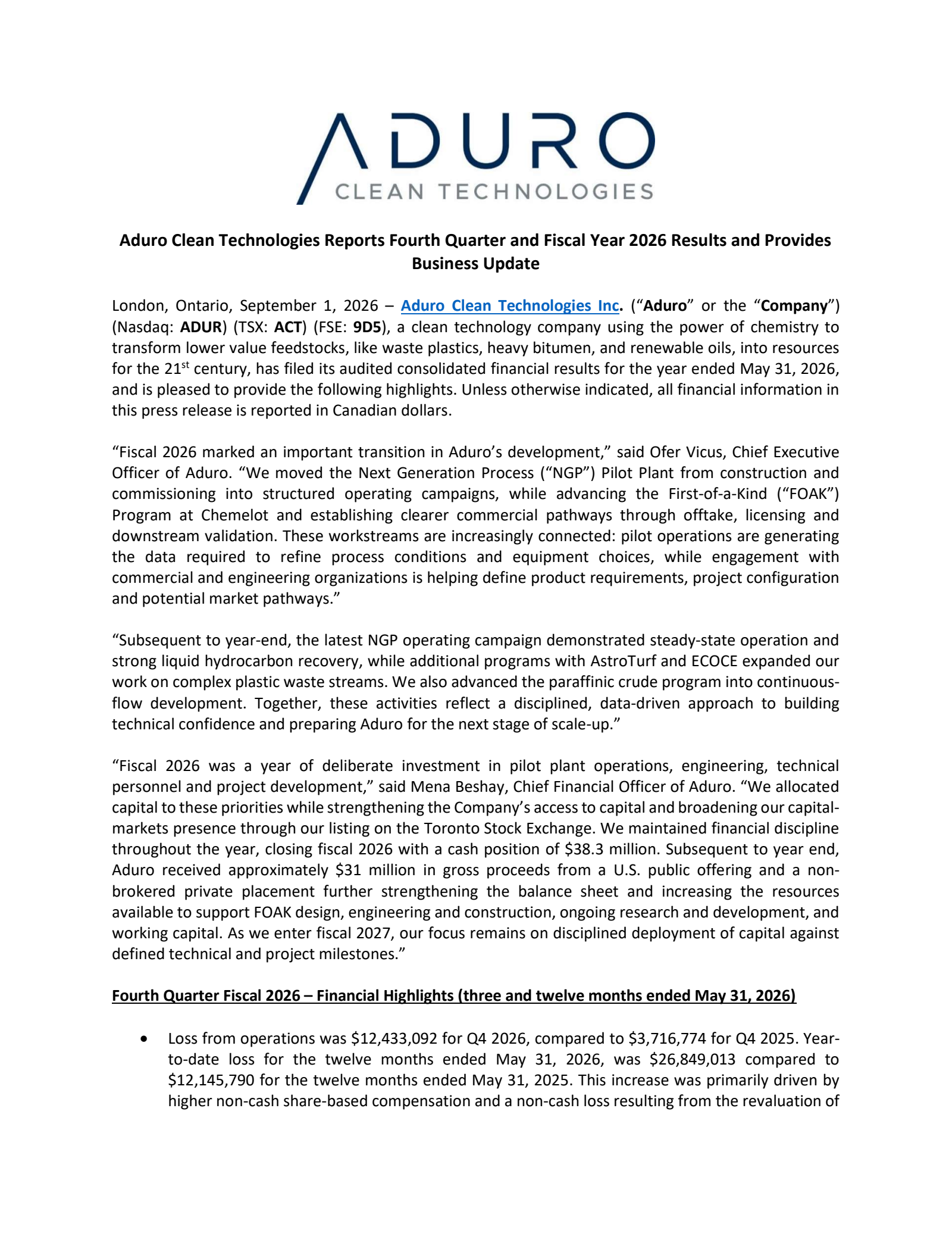 Aduro Clean Technologies' Q4 2026 Press Release