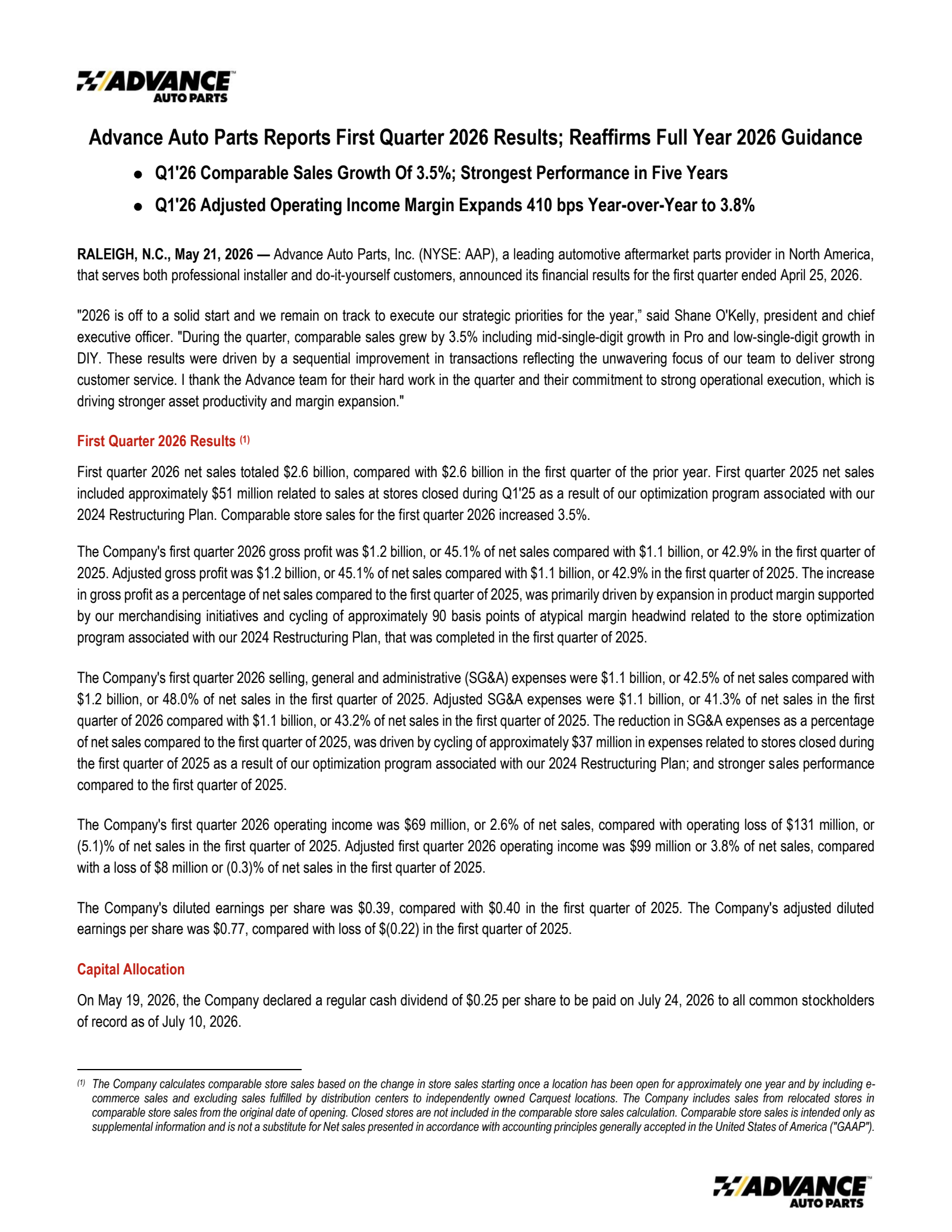 Advance Auto Parts' Q1 2026 Press Release