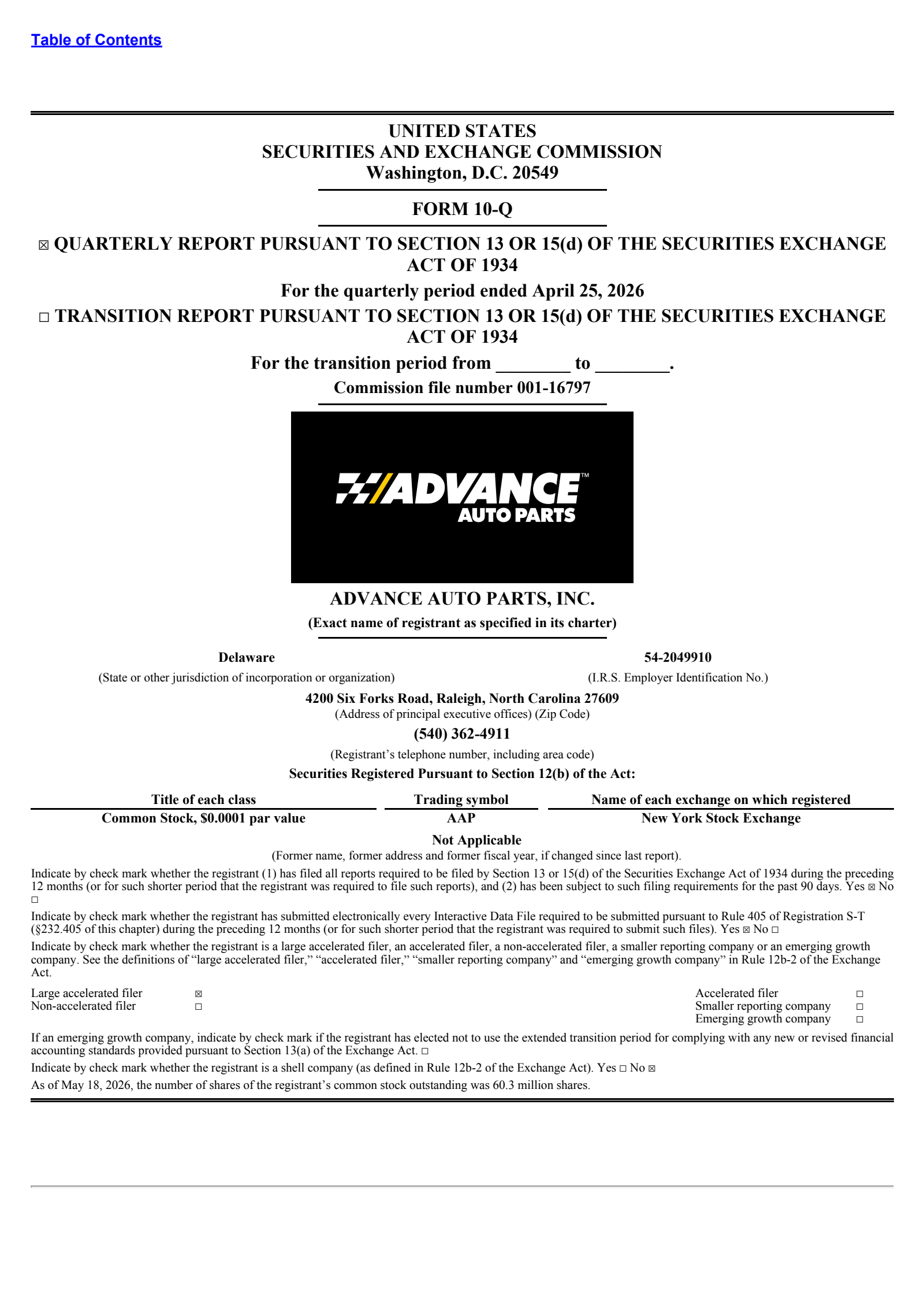 Advance Auto Parts' Q1 2026 Quarterly report