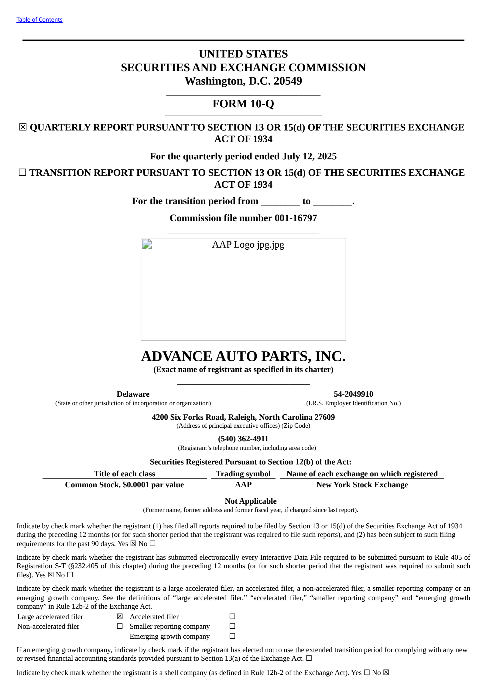 Advance Auto Parts' Q2 2025 Quarterly report