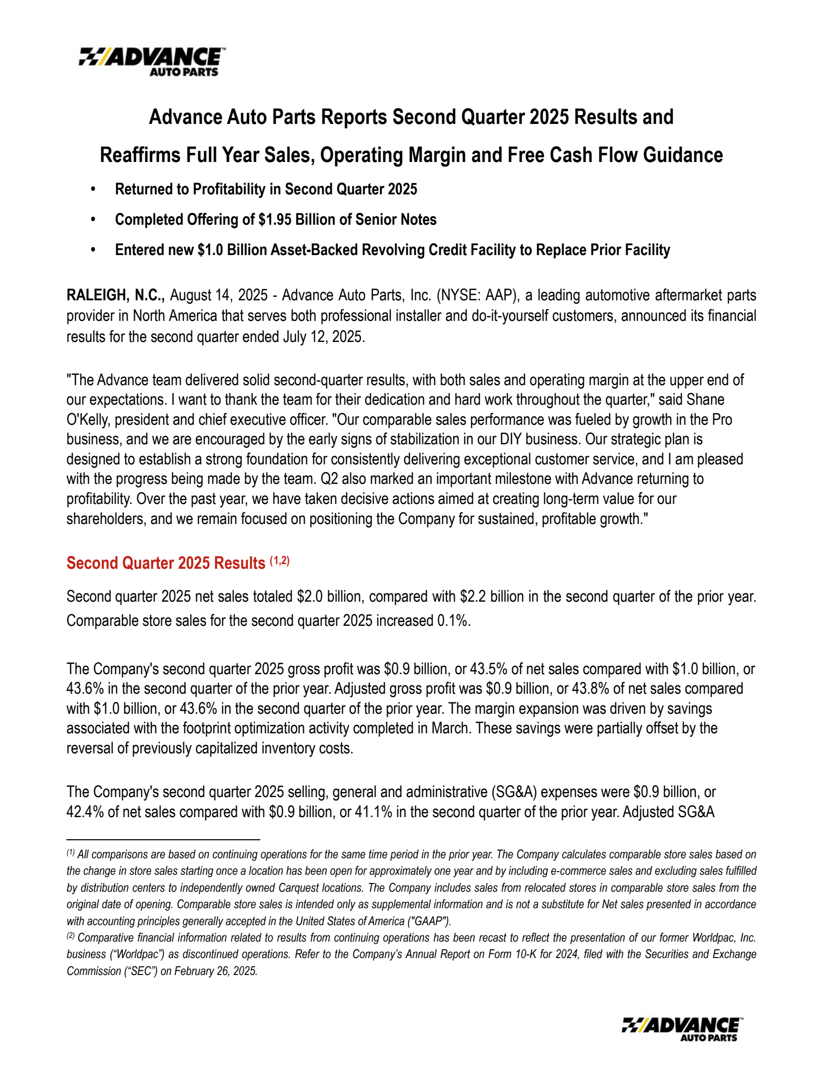 Advance Auto Parts' Q2 2025 Press Release