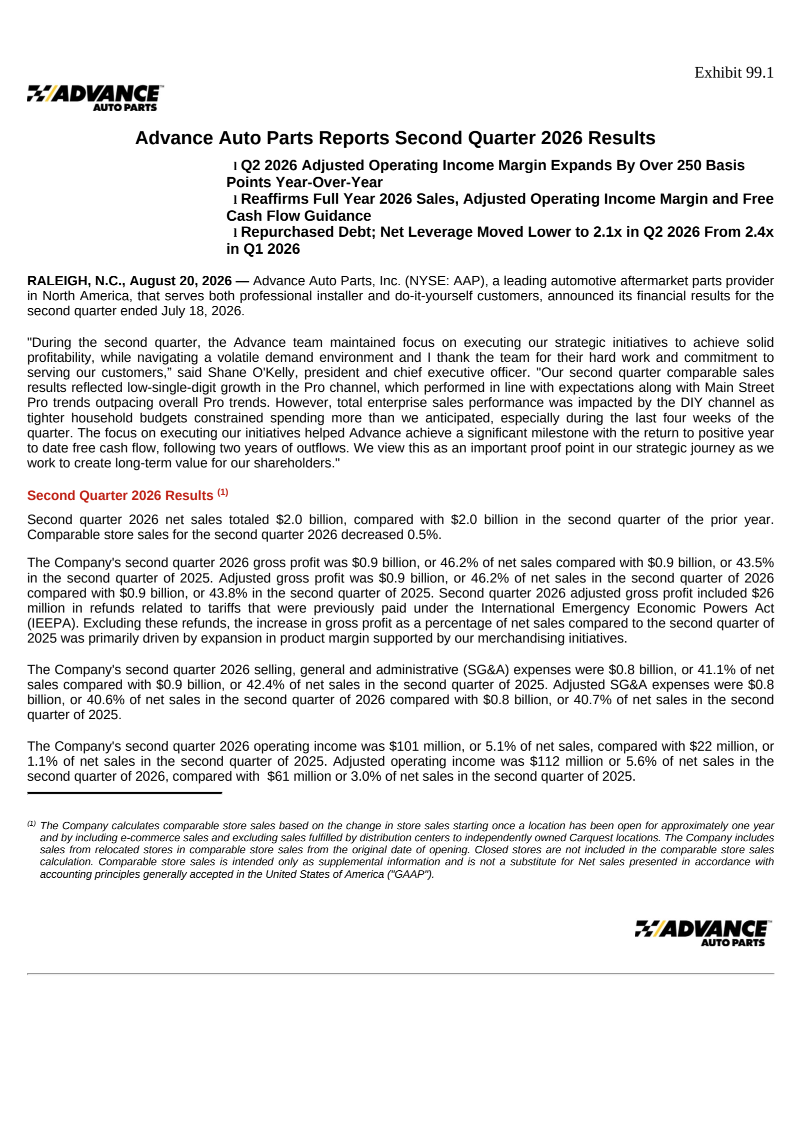 Advance Auto Parts' Q2 2026 Press Release