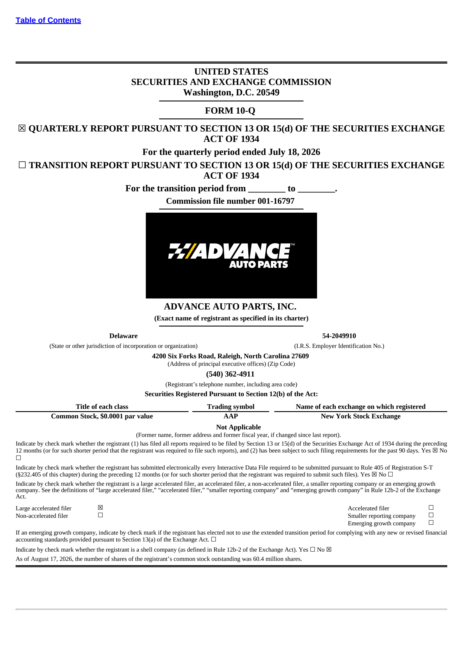 Advance Auto Parts' Q2 2026 Quarterly report