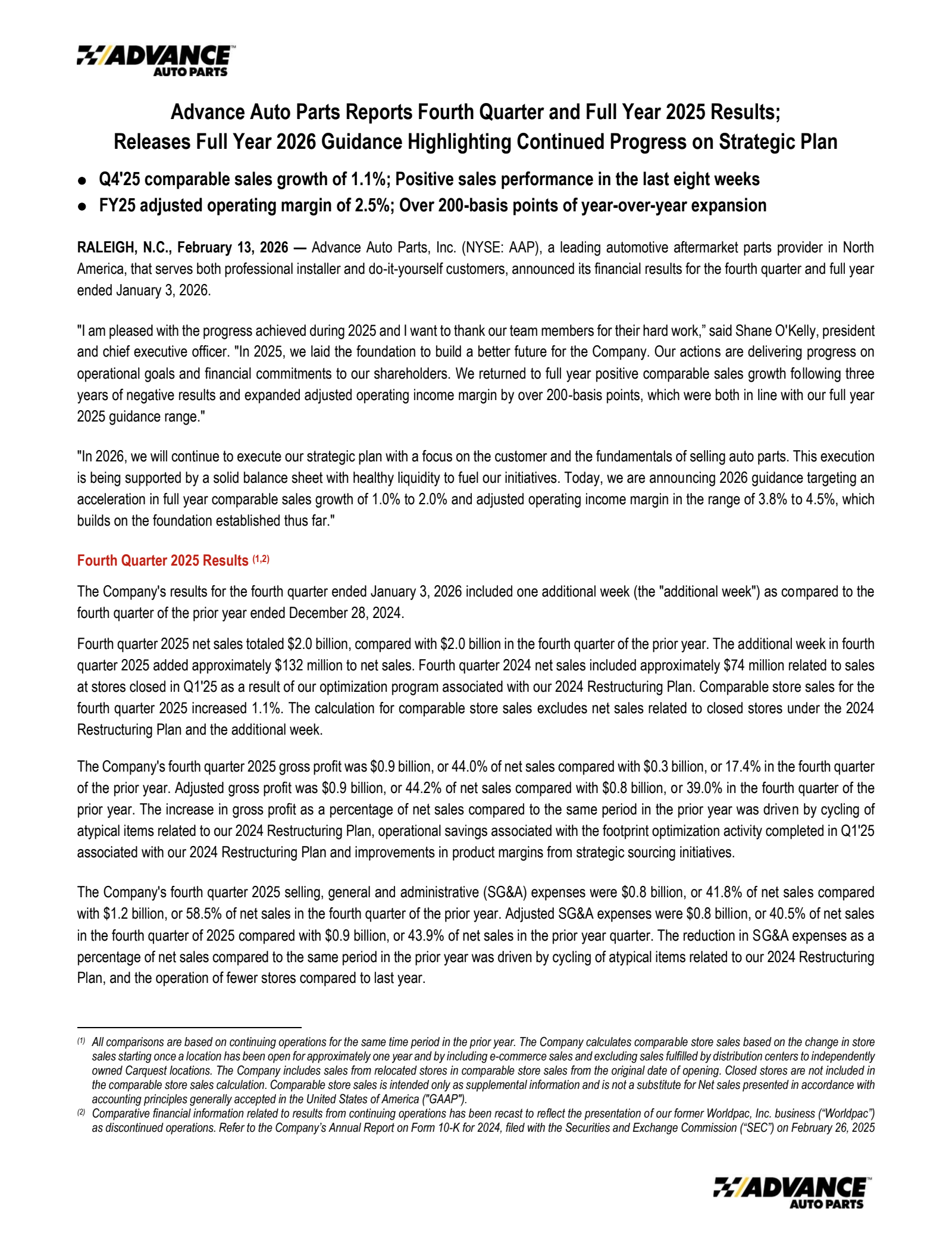 Advance Auto Parts' Q4 2025 Press Release