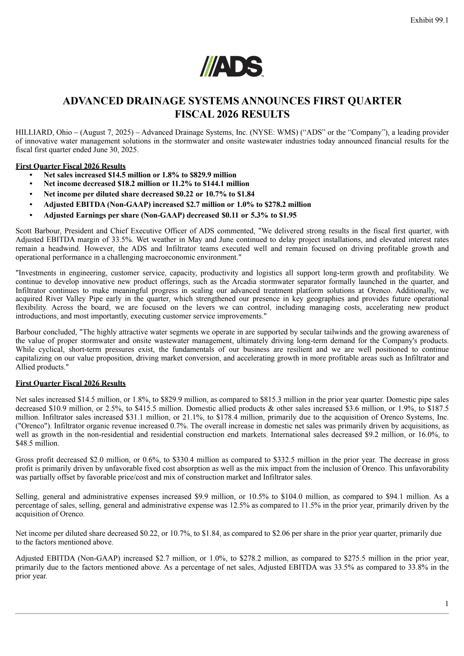 Advanced Drainage Systems' Q1 2026 Press Release