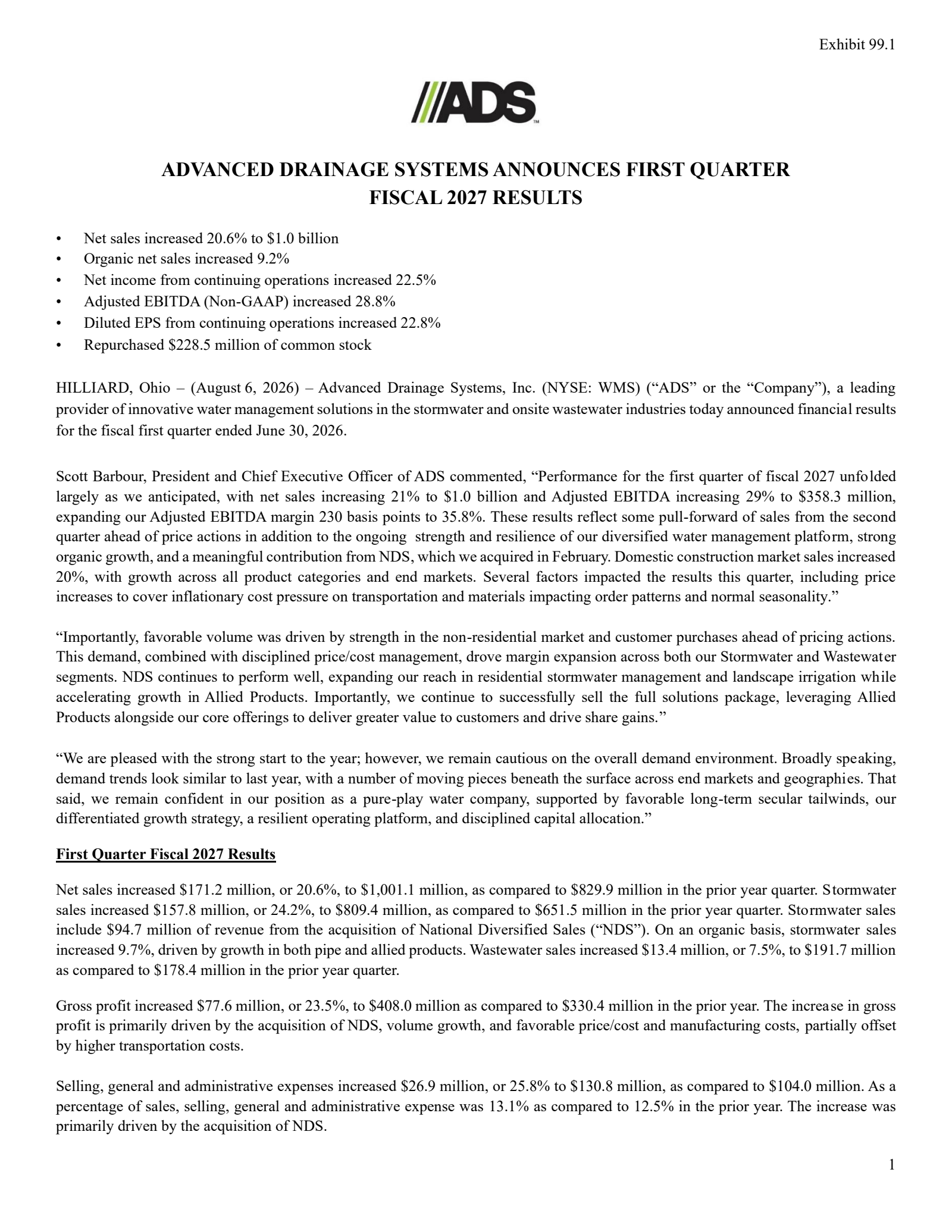 Advanced Drainage Systems' Q1 2027 Press Release
