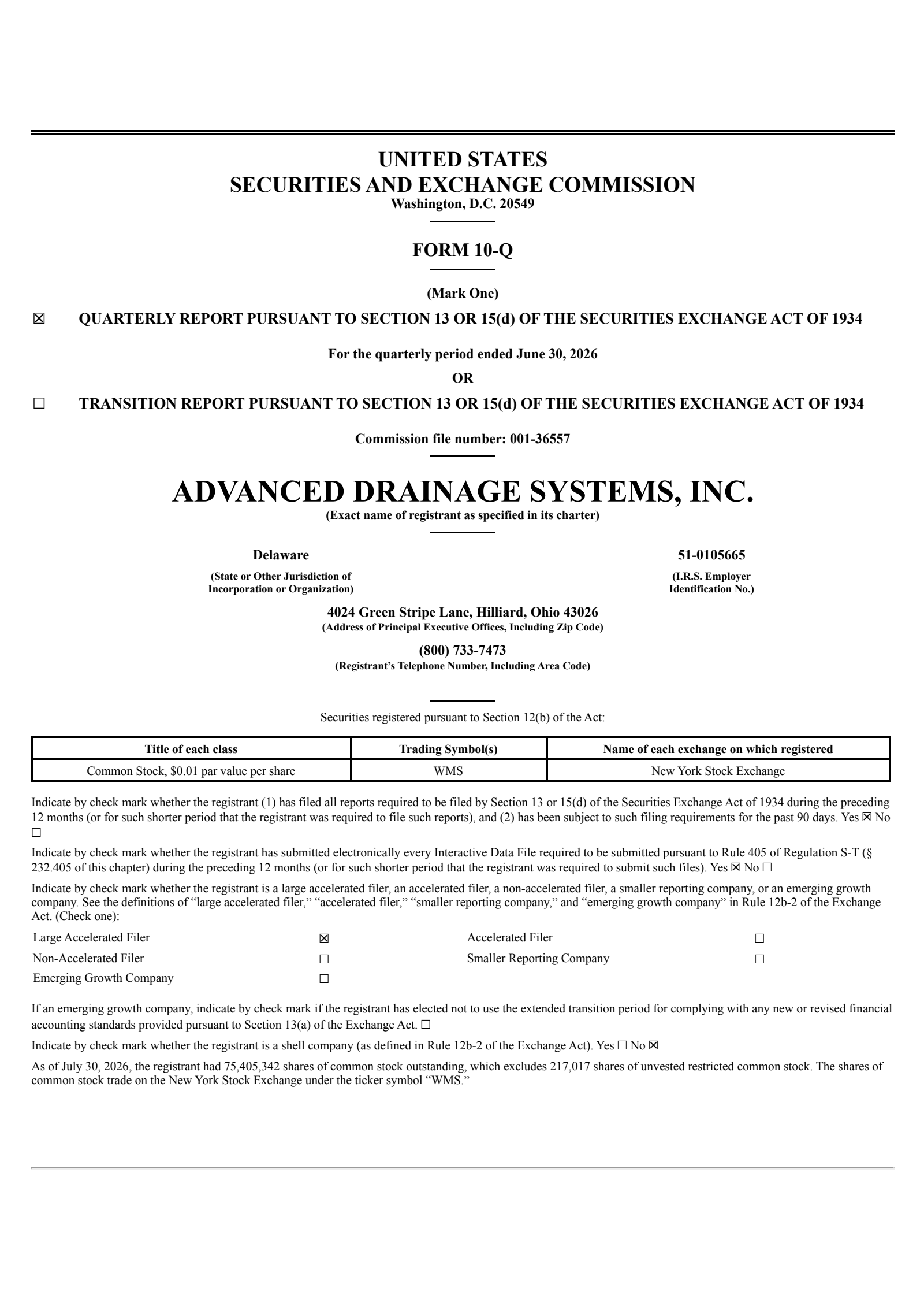 Advanced Drainage Systems' Q1 2027 Quarterly report