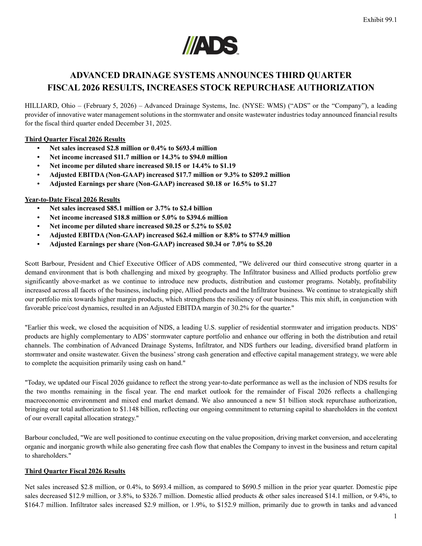 Advanced Drainage Systems' Q3 2026 Press Release