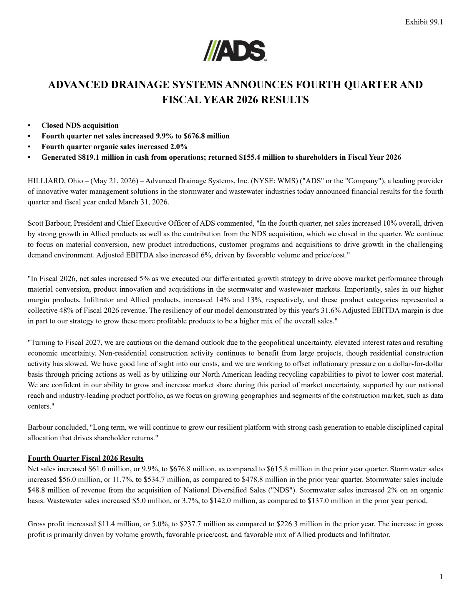 Advanced Drainage Systems' Q4 2026 Press Release